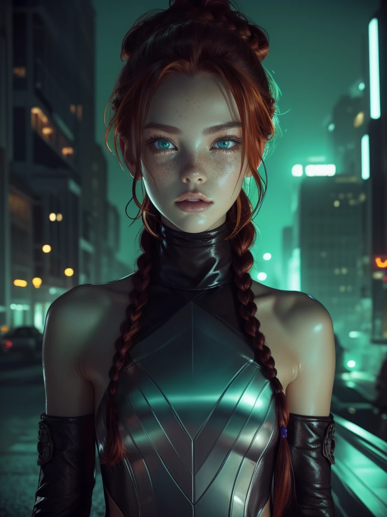 1girl, orange hair, high braid, ((braided ponytail)), freckles, (blue eyes), oversized glasses, small, slender build, short height, narrow shoulders, pale skin dotted by freckles, youthful  girl, RAW photo, ((slim body: 1)), (HQ skin: 1.4), 8k uhd, soft light, high quality, flat chest, sword, ((green black military outfit)), purple accents, skirt, ((nightmare cityscape))
