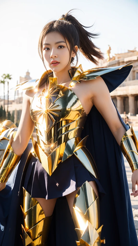 Ultra-high saturation（tmasterpiece，（best qualtiy）， （1girll,  Wearing shiny gold armor，saint seiya armor, cancer armor, walking at the Ancient Greek, uhd, 8k