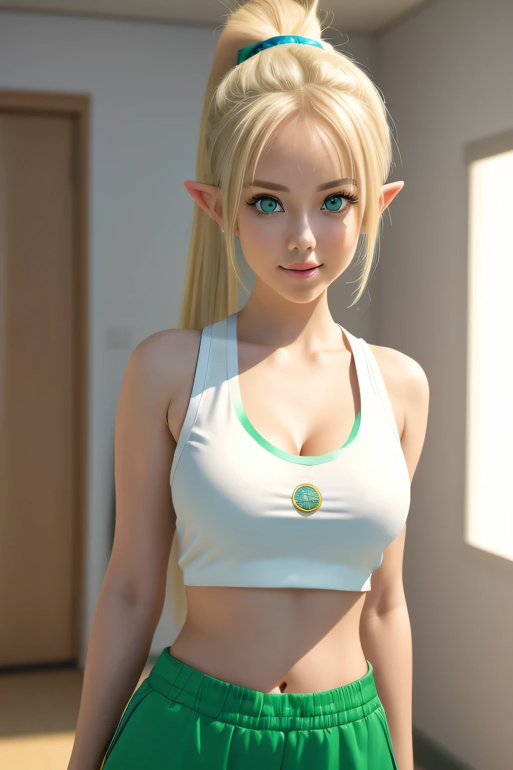 close up 1girl in, photo of leafa, Kirigaya Suguha, Solo, (straight blonde hair, ponytail, very long blonde hair, vivid green eyes), (perfect clear skin, pale skin, detailed skin, massive breasts, round breasts, Cleavage, perfect body), (thin hips, thin waist: 1.25), neutral face, cute smile, elf ears, ((she is wearing a Lola Bunny costume, space jam uniform, white crop tank top, white short shorts, space jam emblem), basketball court, basketball, space jam, (realistic photo, best quality, detailed), (8k wallpaper), (cinematic lighting, beautiful light, (day:1.3)) (sharp focus, intricate), (dslr, realistic, looking at viewer, sharp focus, delicate, soft colors, cinematic)