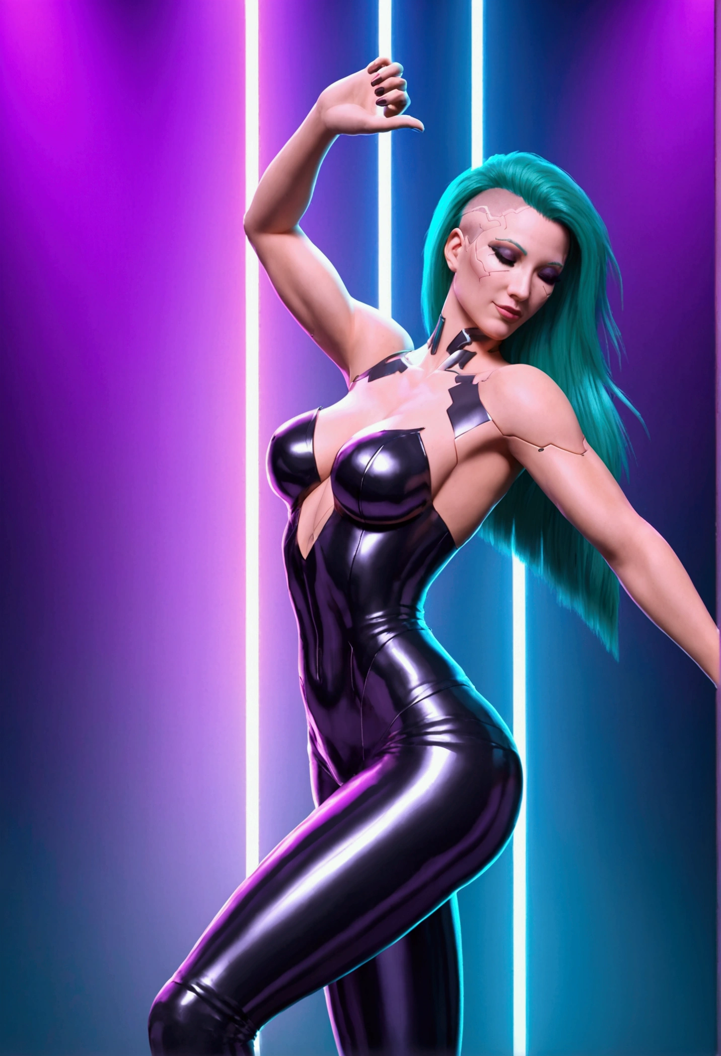 Cyberpunk, sexy, dancing with a magical energy, long metal hair, cyber city background