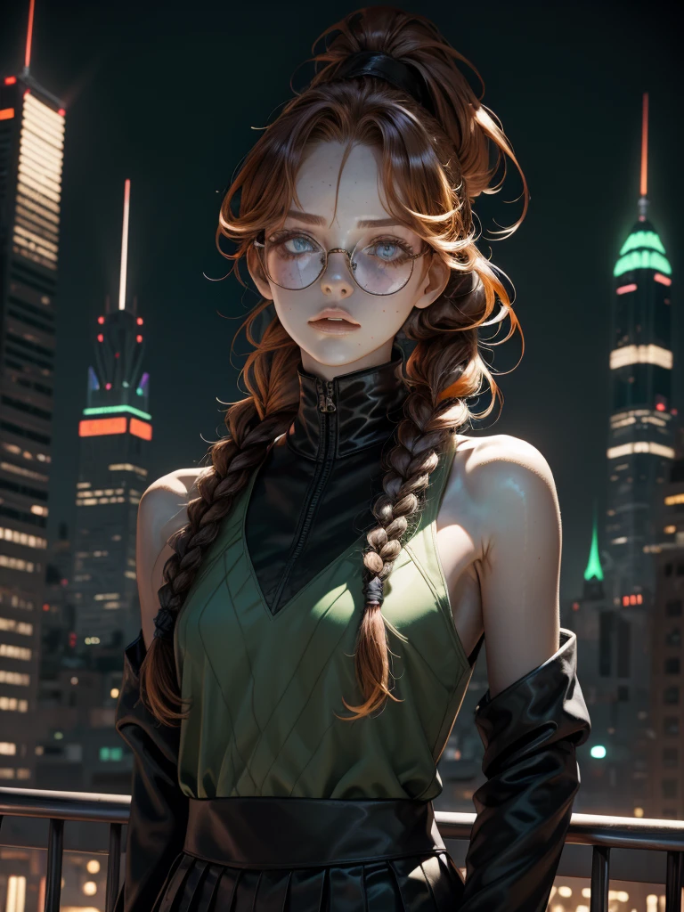 1girl, orange hair, high braid, ((braided ponytail)), freckles, (blue eyes), ((oversized glasses)), small, slender build, short height, narrow shoulders, pale skin dotted by freckles, youthful teen girl, RAW photo, ((slim body: 1)), (HQ skin: 1.4), 8k uhd, soft light, high quality, flat chest, sword, ((green black military outfit)), purple accents, skirt, ((nightmare cityscape))
