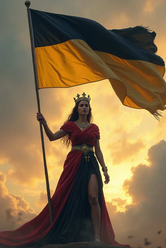 beautiful queen, fifty-year-old woman, red hair tied up, wears a gold crown, diadem type, wears a fitted, medieval, green dress, with a shiny gold belt around her waist, is a queen in a dominant, brave posture, background an extraterrestrial landscape, with vibrant colors, with pointed cliffs and a sky of red and blue colors, photo-realistic imageb