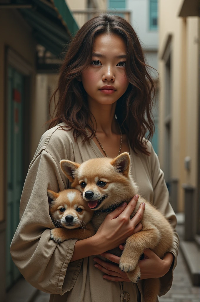 beautiful tanned japanese woman, wearing a designer black glittery cashmere coat, with a Gucci motif inner lining accent, and a hoodie with a green, red and gold floral pattern. and black fabric turtle neck loose satin dress, gold zipper, thick eyebrows, ((no cleavage)) photorealistic, masterpiece, moncler, messy bun brown highlighted hair, open coat, lips pouting, pouts, void black background with smokes and nice lighting, holding chihuahua with black golden collar