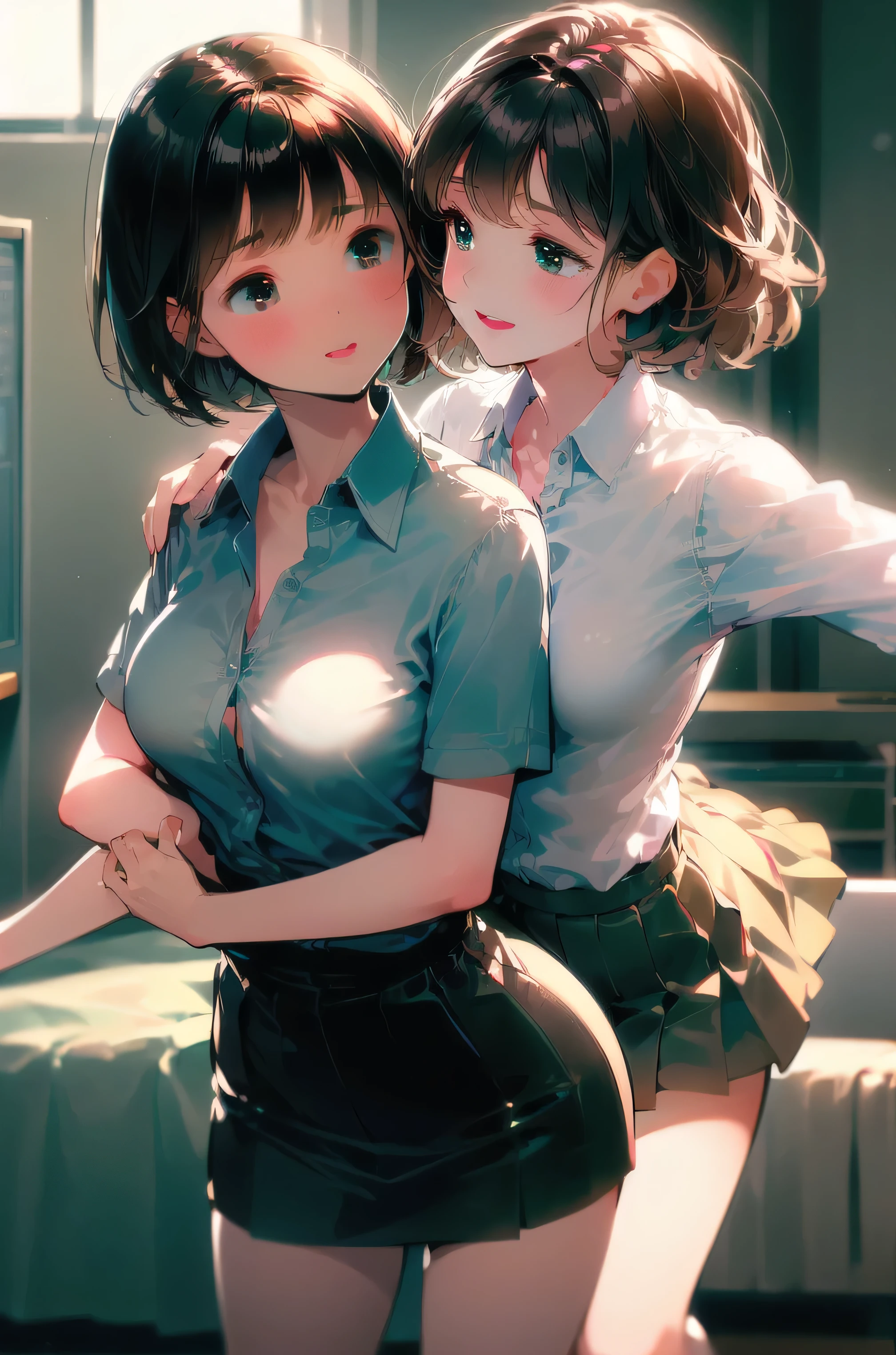 masterpiece, absurdres, best qualitiy, high detail, kabedon, 1girl, mature, blush, medium breasts, (((short black hair))), (brown eyes), adult woman, office, open mouth, happy, office lady uniform, light lipstick, BREAK, ((being held down by a second girl with long light brown hair)), green eyes, office uniform, (tight mini skirt), mature, adult woman, smiling, kabedon, looking at each other, legs open, faces close, shirt open, (unbuttoned shirt), ((light lipstick)), 