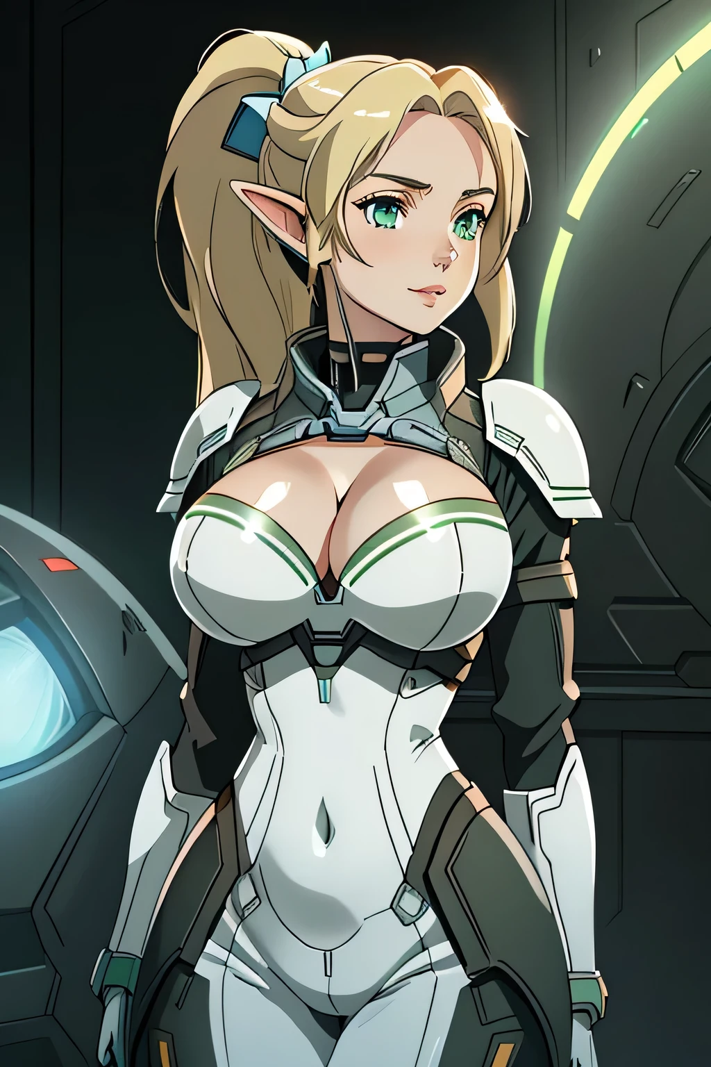 close up 1girl in, photo of leafa, Kirigaya Suguha, Solo, (straight blonde hair, ponytail, very long blonde hair, vivid green eyes), (perfect clear skin, pale skin, detailed skin, massive breasts, round breasts, Cleavage, perfect body), (thin hips, thin waist: 1.25), neutral face, cute smile, elf ears, (she wears Andromeda initiative armor, full armor from Mass effect, Mass effect armor, Cora Harper cosplay: 1.22), (Sci-Fi themed background, futuristic vehicles, detailed starfield:1.1), (realistic photo, best quality, detailed), (8k wallpaper), (cinematic lighting, beautiful light, (day:1.3)) (sharp focus, intricate), (dslr, realistic, looking at viewer, sharp focus, delicate, soft colors, cinematic)