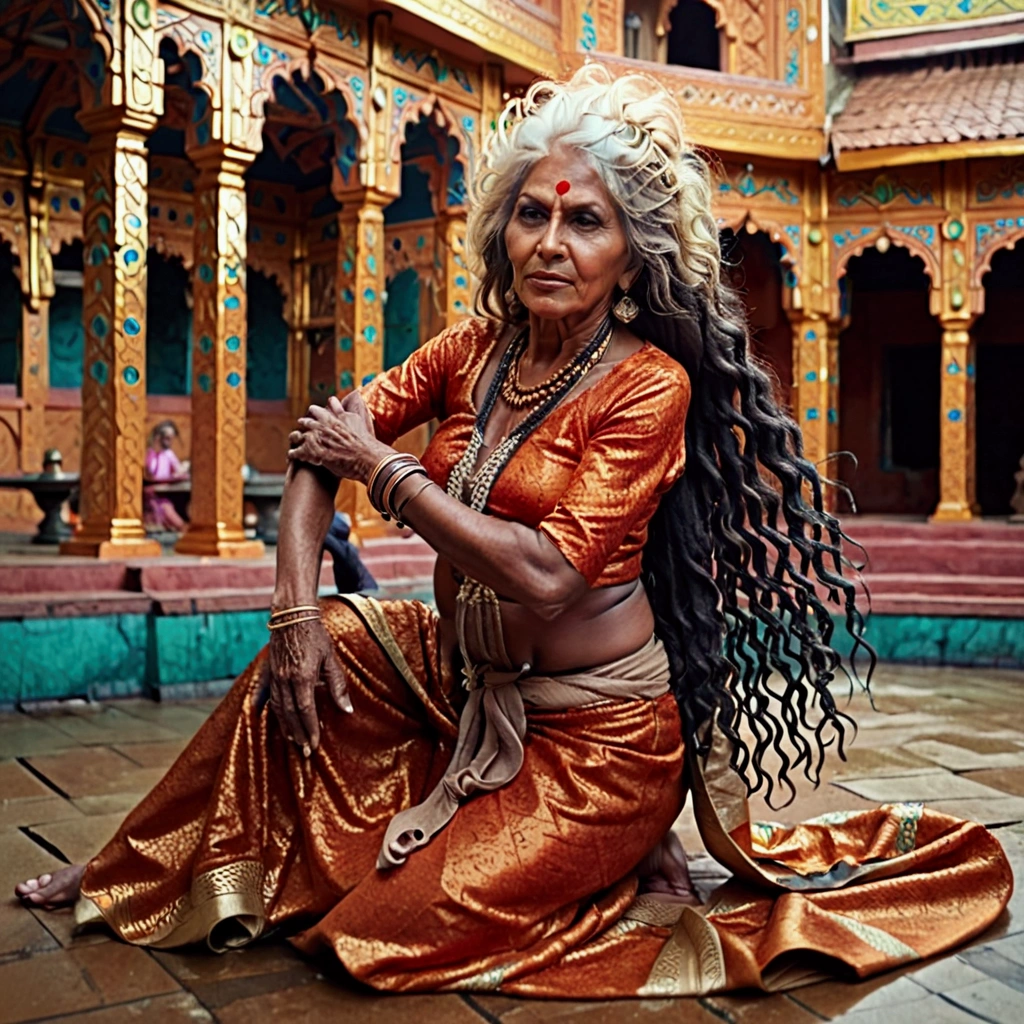 in a vibrant kali temple,two eldery indian woman, dressed in traditional attire, her dress raised to her knees,suddenly flashes her legs,their black long,intricately embosed dutch braided,Flooded with 100 liters of oil over thier braids,hairs like oil pulp tiny small threads,Her posture and attire exude a sense of cultural reverence and tradition.she is looking at viewer side

