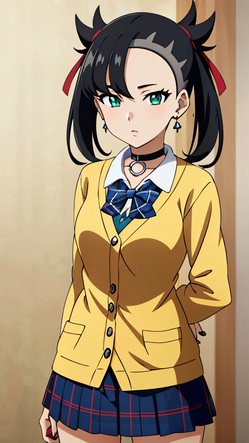 Marnie Pokemon, Marnie \(Pokemon\), blue-green eyes, green eyes, black hair, medium hair, asymmetrical bangs, black choker, red hair ribbon, earrings, black nail polish, medium breasted, (masterpiece, highest quality, highly detailed, 8k:1.2),Perfect eyes, detailed eyes, 
Ecchi anime style, anime girl, Ecchi style, digital anime art, anime style, official artwork, visual novel CG, beautiful anime girl, anime style 4K, (cardigan,blake blue skirt, plaid, plaid skirt), (cowboy shot:1.2),