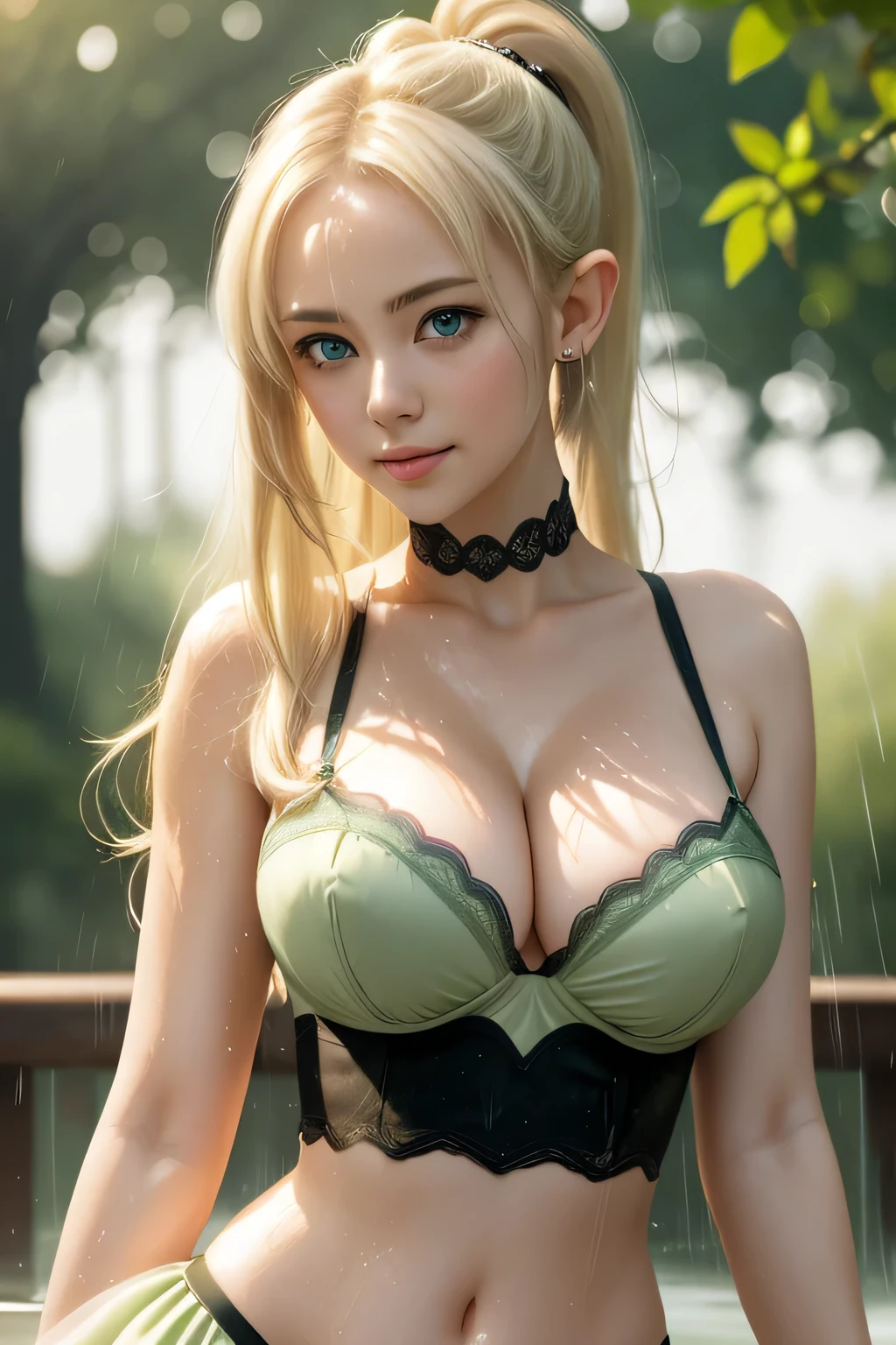 close up 1girl in, photo of leafa, Kirigaya Suguha, Solo, (straight blonde hair, ponytail, very long blonde hair, vivid green eyes), (perfect clear skin, pale skin, detailed skin, massive breasts, round breasts, Cleavage, perfect body), (thin hips, thin waist: 1.25), neutral face, cute smile, elf ears, (wearing black lace bra, torrential rain, soaking wet, covered in dripping water, wet hair, wet dress, dripping water, glistening skin, park in background, water splashing on her head, (realistic photo, best quality, detailed), (8k wallpaper), (cinematic lighting, beautiful light, (day:1.3)) (sharp focus, intricate), (dslr, realistic, looking at viewer, sharp focus, delicate, soft colors, cinematic)