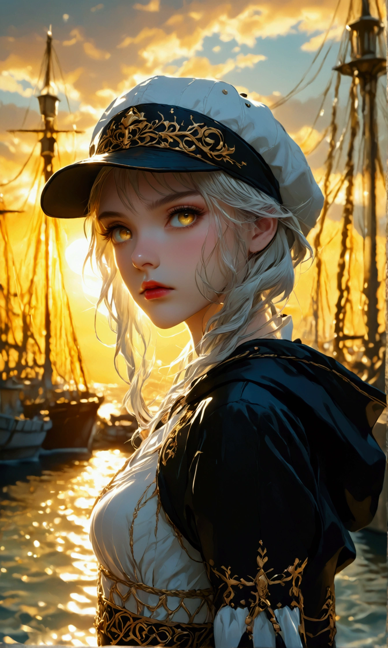 Medium shot, medium shot, depth of field, bust, upper body, cinematic angle, masterpiece, best quality, super detailed, CG, 8K wallpaper, pretty face, delicate eyes, a maiden, solo, white long hair, yellow eyes, hairpin, white shirt, black hooded jacket, black baseball cap, black stockings, black over-the-knee boots, sunset, medieval port, harbor, detailed water surface, sun reflection