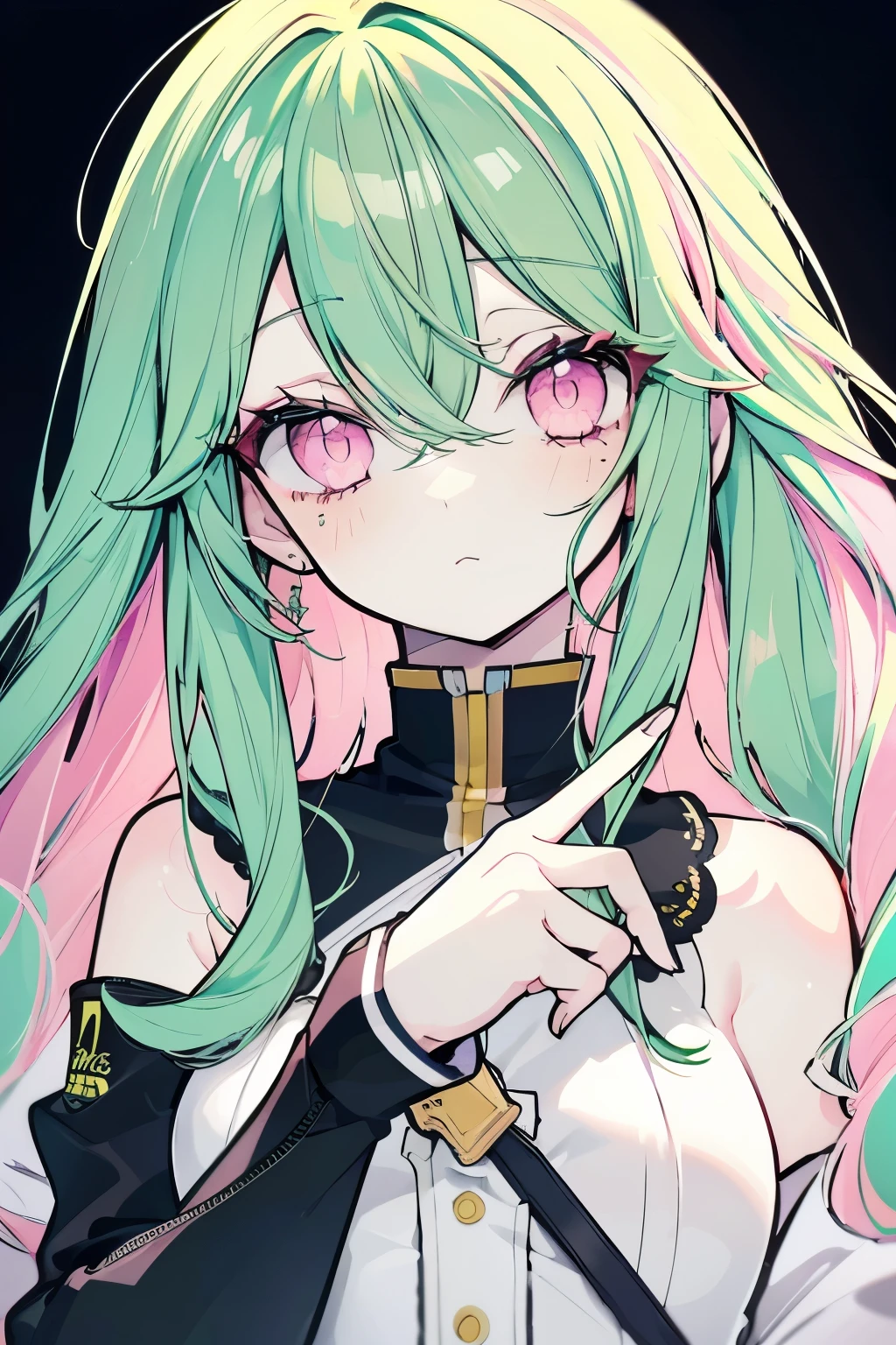 High resolution, Best Quality, masterpiece, Ultra-precision,Character Portrait,One girl, solo,adult,Look at, Beautiful Face,((Green Hair)),Yellow inner color hair,((Pink eyes)),Fine slanted eyes,Long eyelashes,Cool look,white, Black clothing,Slender figure,Simple Background,Concept Art, 