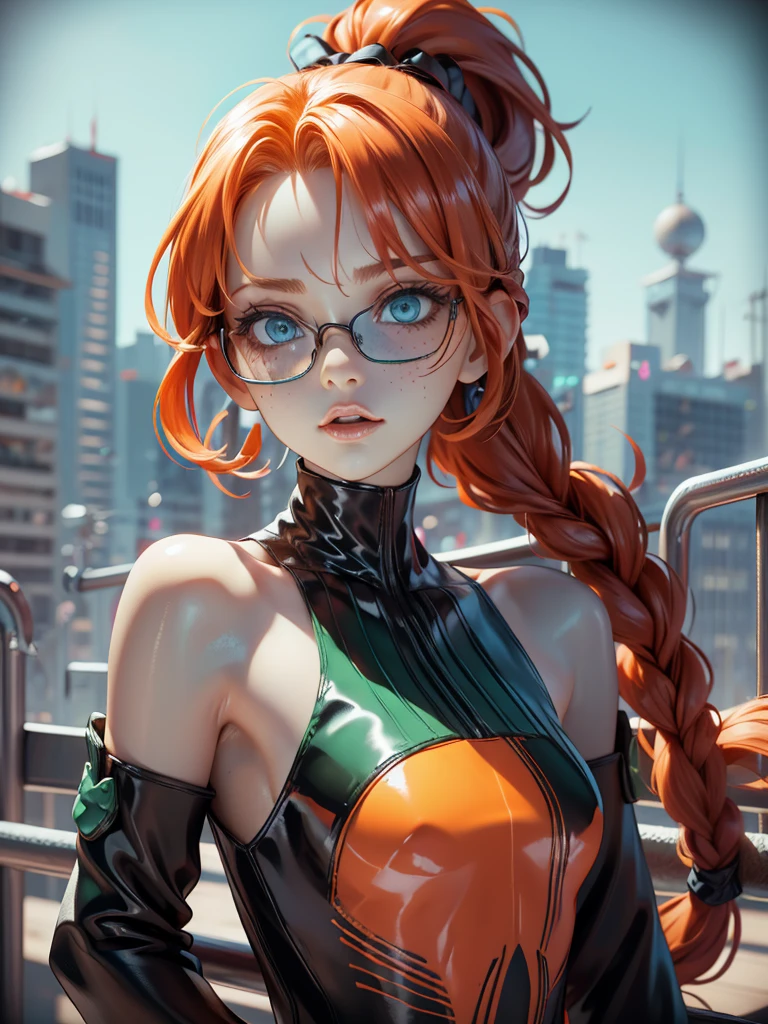 1girl, (orange hair), high braid, ((braided ponytail)), freckles, (blue eyes), ((oversized glasses)), small, slender build, short height, narrow shoulders, pale skin dotted by freckles, youthful teen girl, RAW photo, ((slim body: 1)), (HQ skin: 1.4), 8k uhd, soft light, high quality, flat chest, sword, ((green black military outfit)), purple accents, skirt, ((nightmare cityscape))
