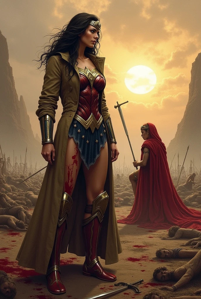 A beautiful woman with her head completely shaved wearing the Amazon warrior Wonder Woman costume on her knees begging for forgiveness next to her a beautiful black-skinned woman standing under the cloak of the Amazon warrior Wonder Woman blood around her strong and bloody images