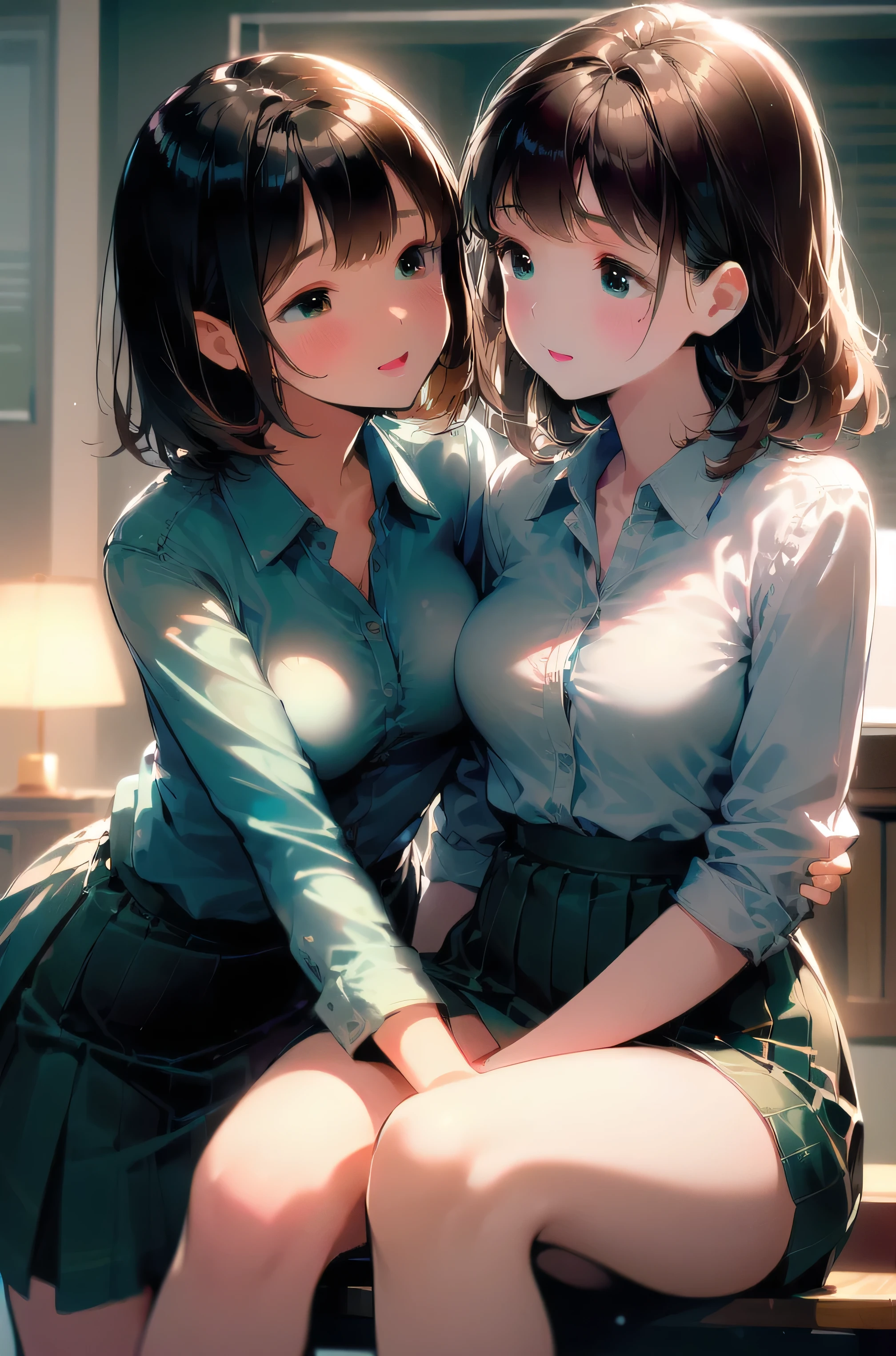 masterpiece, absurdres, best qualitiy, high detail, kabedon, 1girl, mature, blush, medium breasts, (((short black hair))), (brown eyes), adult woman, office, open mouth, happy, office lady uniform, light lipstick, BREAK, ((being held down by a second girl with long light brown hair)), green eyes, office uniform, (tight mini skirt), mature, adult woman, long hair, smiling, kabedon, looking at each other, legs open, between legs, faces close, ((shirt open)), (unbuttoned shirt), ((light lipstick)), 