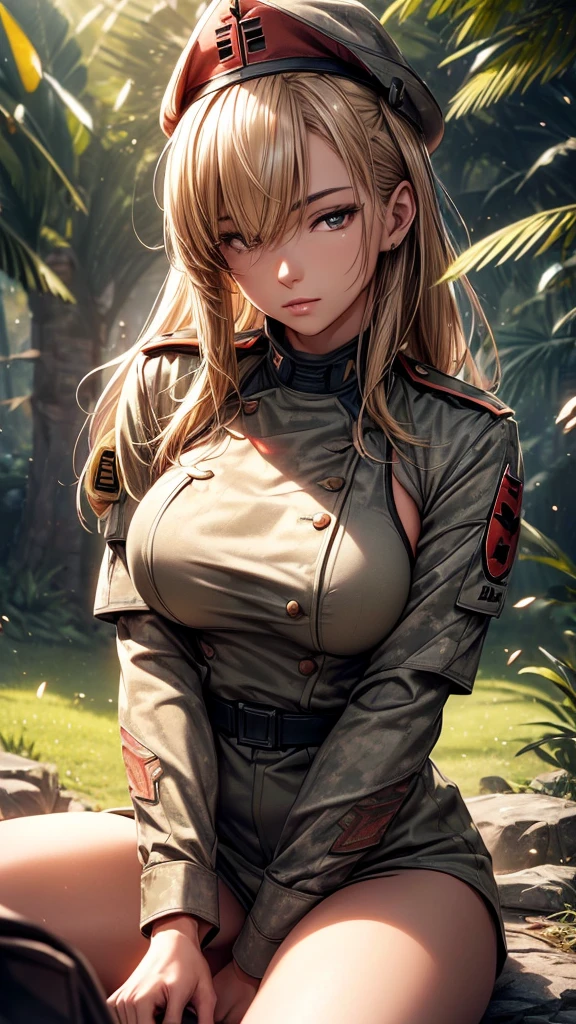 unparalleled masterpiece, 8k,(high quality:1.2) perfect artwork ,outdoor,cowboy shot,1girl, <lora:eva-nvwls-v1:0.9>, mgs3eva, blue eyes, tan jumpsuit, goggles around neck, black bra, belt, black gloves, clean, beautiful face, pure face, pale skin, (colored inner hair:1.103),(detail hair:1.08),(Long eyelashes:1.1),(finely detailed beautiful eyes and face), (hyper extreme detailed:1.05) ,stunning lighting effects,<lora:add_detail:1>,