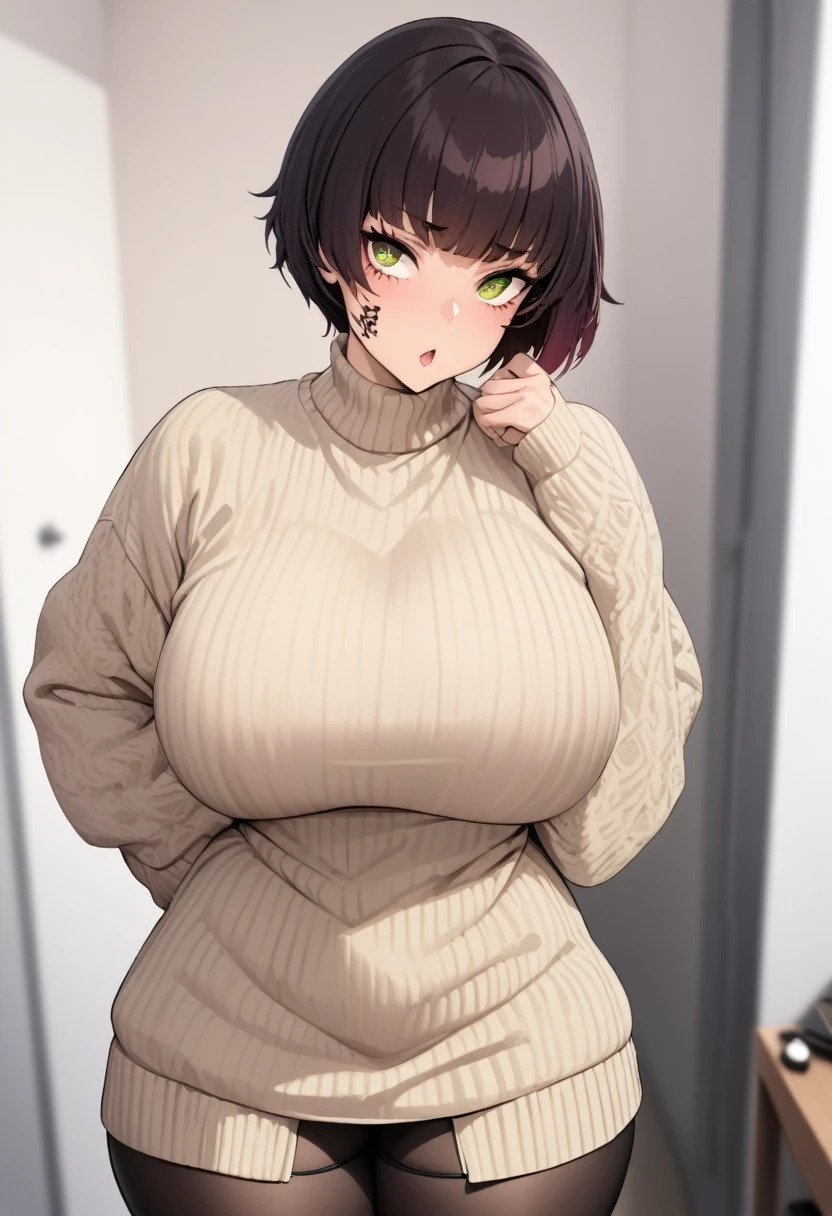 Inuzuka Tsume, Huge_breasts,  standing, Alone, facial_tattoo, sweater,, masterpiece, better_quality, detailed_rostro, detailed_eyes, High resolution, beautiful, detailed, absurdres