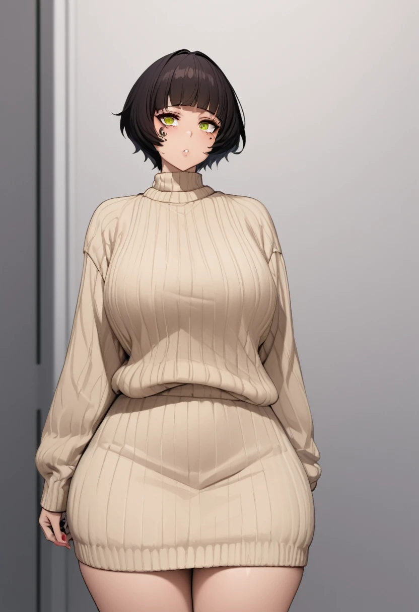 Inuzuka Tsume, Huge_breasts,  standing, Alone, facial_tattoo, sweater,, masterpiece, better_quality, detailed_rostro, detailed_eyes, High resolution, beautiful, detailed, absurdres