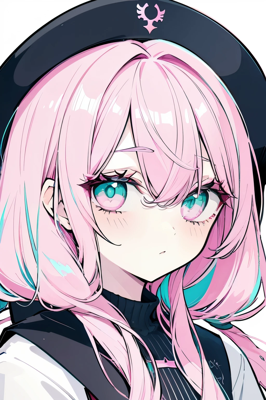 High resolution, Best Quality, masterpiece, Ultra-precision,Character Portrait,One girl, solo,adult,Look at, Beautiful Face,((Pink Hair)),Inner color hair,((Turquoise eyes)),Fine slanted eyes,Long eyelashes,Cool look,white, Black clothing,Slender figure,Simple Background,Concept Art,