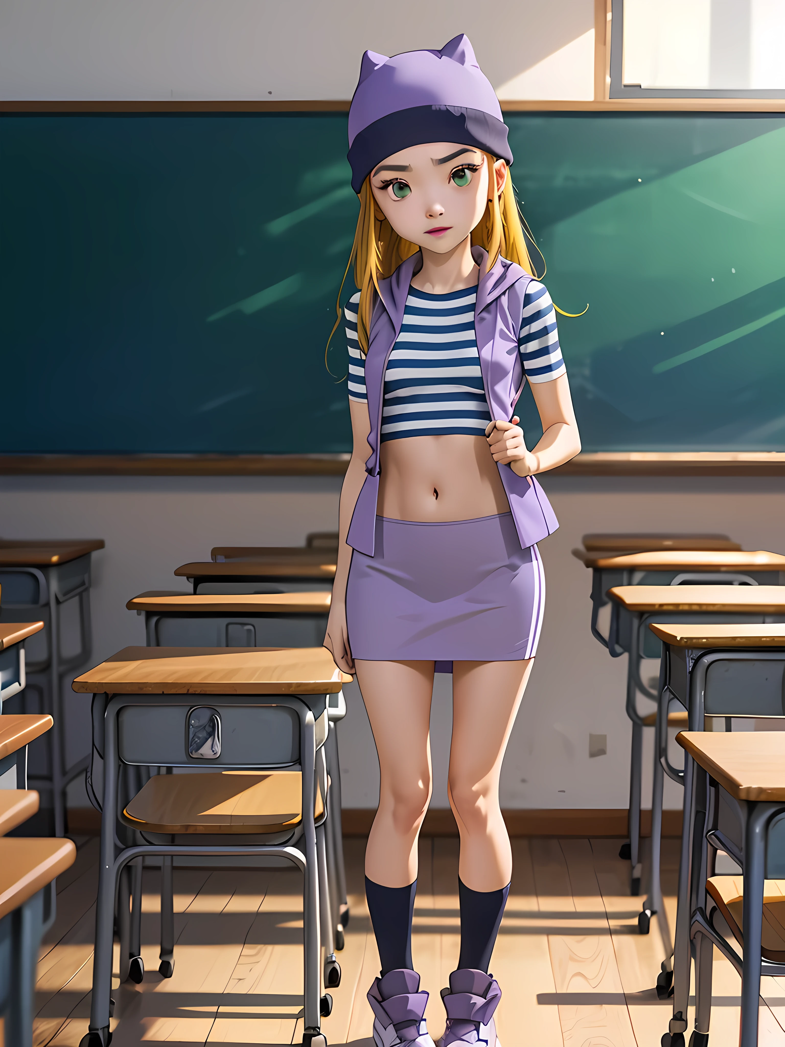 (masterpiece, best quality), 1girl, izumi Orimoto, indoors, classroom, green eyes, blonde hair, long hair, purple beanie, purple vest, purple miniskirt, blue white striped shirt, long purple socks, purple vest, striped shirt, navel shirt, small  size breast. skirt lift