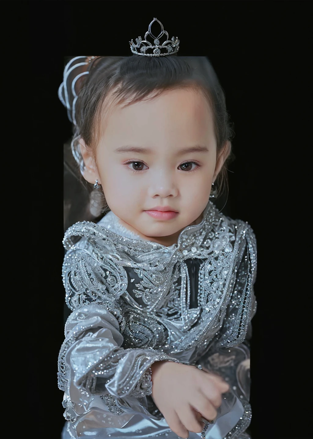 arafed photograph of a baby sitting on a chair with a flowered background, restored