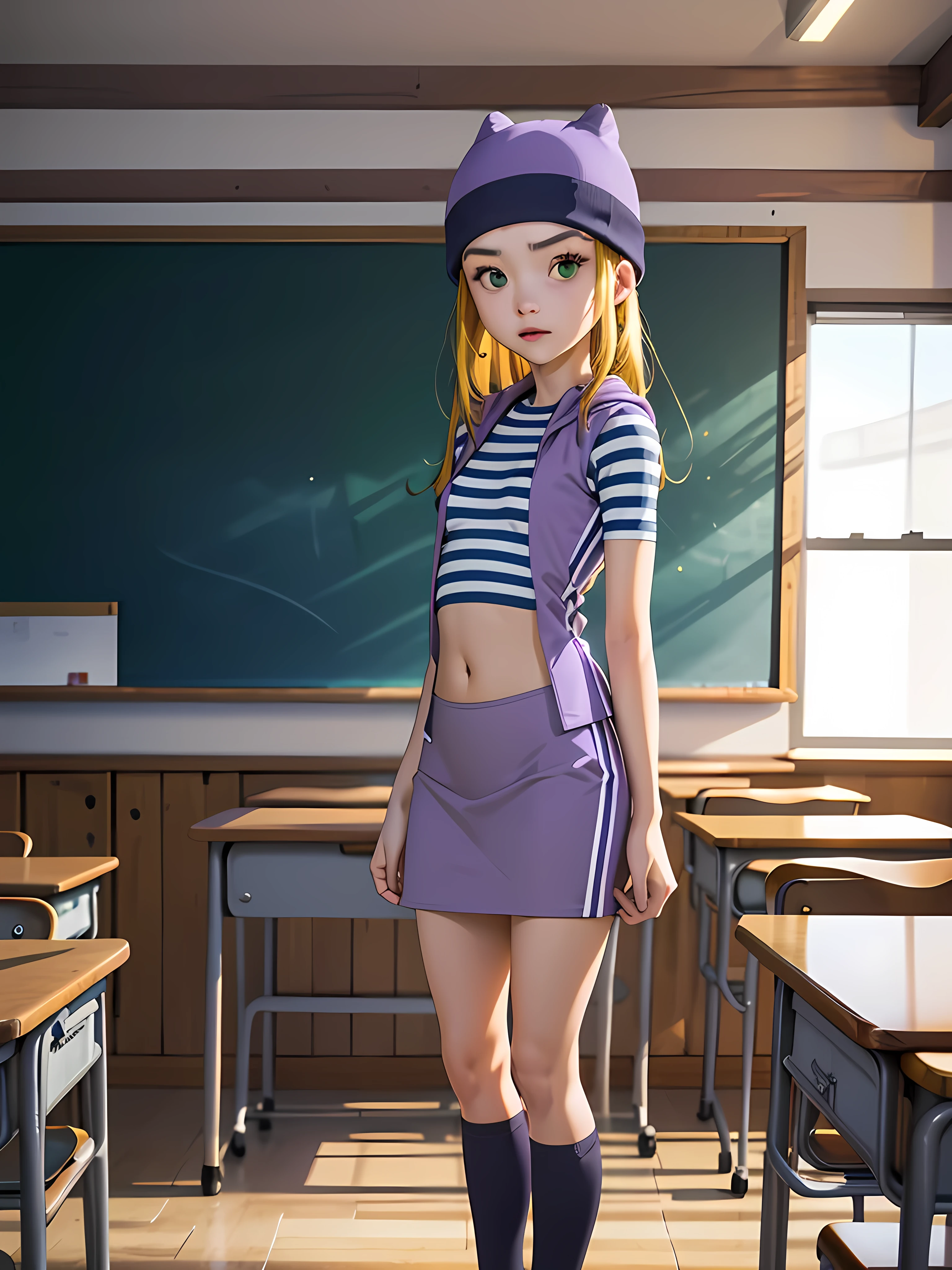 (masterpiece, best quality), 1girl, izumi Orimoto, indoors, classroom, green eyes, blonde hair, long hair, purple beanie, purple vest, purple miniskirt, blue white striped shirt, long purple socks, purple vest, striped shirt, navel shirt, small  size breast. skirt lift