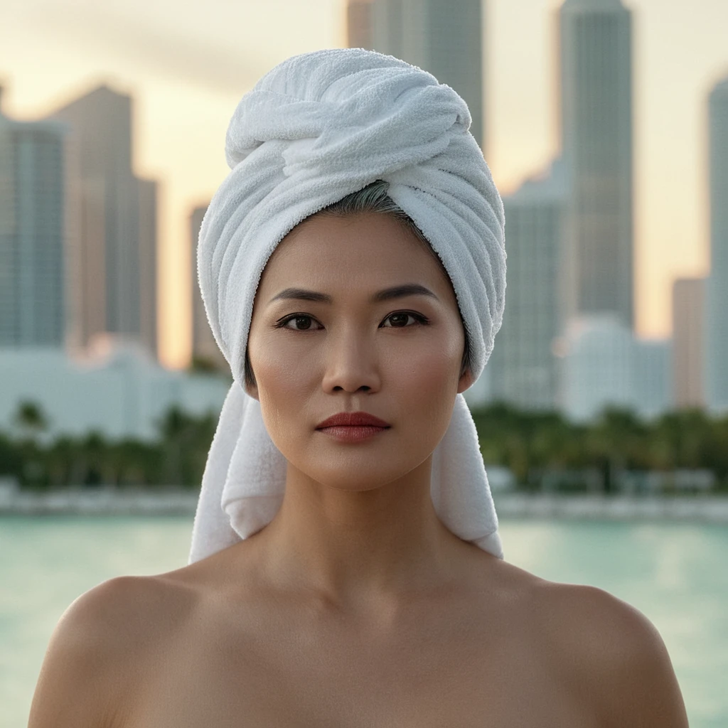 cinematic film still of bright light, bright, a middle age d sexy gray haired still very young looking Asian woma n wearing only a white towel on her head completely c overing her head and she is naked full view she is kissi ng a younger 2 men with short completely black hair i n the city of Miami High-key lighting Style, 1girl, solo, I ong hair,gray hair, elder, 50 years old, looking at viewe r, city of Miami background, city background, bare sho ulder s,white hair, lips,makeup, pal e skin realistic, whi te theme, shallow depth of field, vignette, highly detail ed, high budget, bokeh, cinemascop e, moody, epic, g orgeous, film grain, grainy