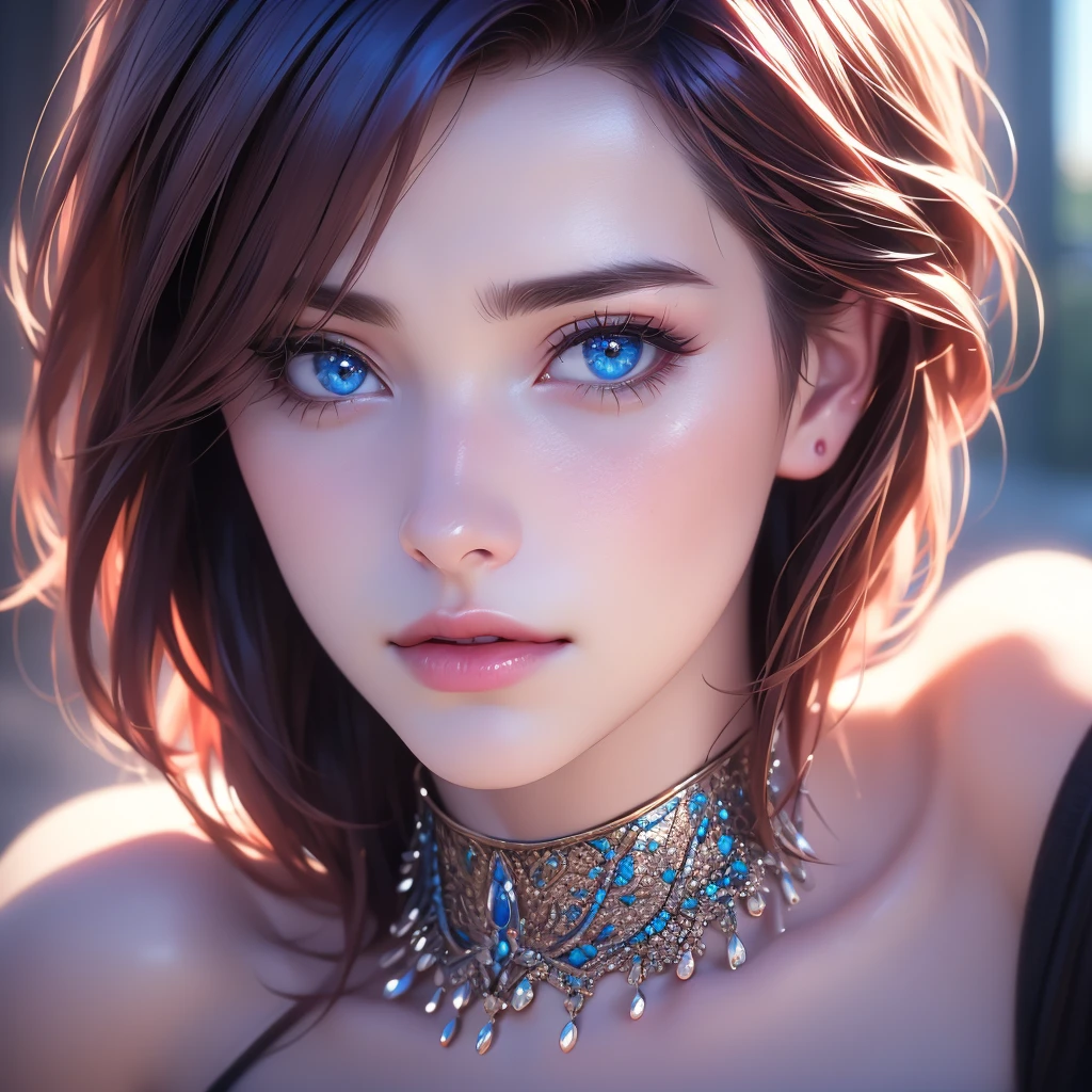 Realistic, detailed and very high quality representation of a character of a Woman, beautiful, blue eyes, evil face, short red hair shaved on the side, perfect body extremely strong and defined, wearing a Victorian era armor, background a city and a blue sky. The drawing should show her powerful and inspiring qualities, while paying attention to her beauty and femininity.