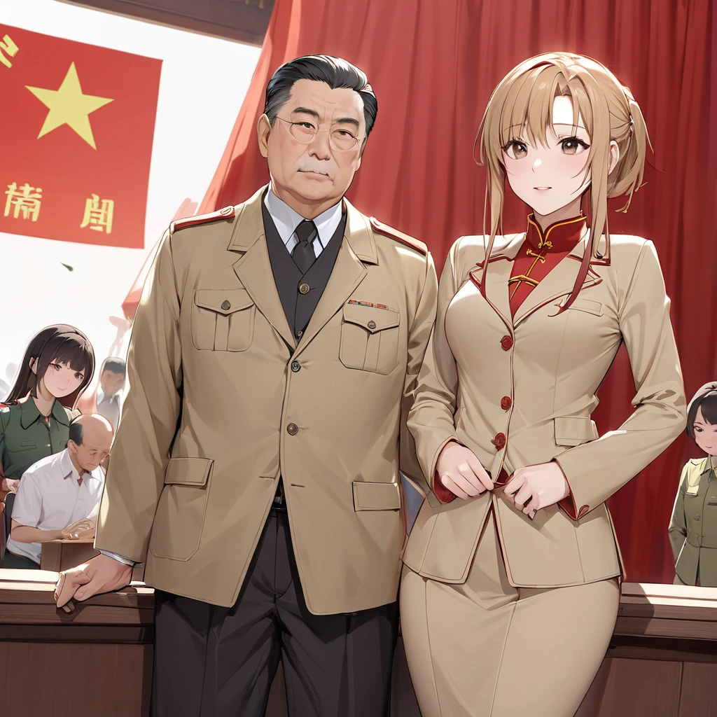 ((Highest quality)), ((masterpiece)), (detailed), (Perfect Face)、The woman is Chinese, Katsuragi Marina, a Chinese woman with medium-long brown hair who is wearing an engagement ring. She is a member of the glorious Chinese Communist Party and has sworn absolute loyalty to the Chinese Communist Party. She is a righteous Communist Party member of China and the wife of a great Communist Party official.、The woman is wearing the fine uniform of a Chinese Communist Party member.、For the sake of China, their hairstyles, clothes, and everything they wear are all Chinese Communist Party items, and their thoughts are also Chinese, becoming great Chinese in body and mind.、The woman became Marina Katsuragi, a Chinese woman who is proud of and loves China.、She is serving China as a member of the great Communist Party of China.、The woman is a beautiful, respectable and exemplary Communist Party member.