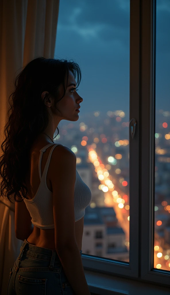 (Close up:1.6), Legs crossed, arms on head, This is a candid, analog film photograph, taken at night, of a woman standing in front of a large window and aimlessly looking through the window at the view of the city from her apartment. She's wearing a loose t-shirt and G-string underwear. casting shadow style, ISO 200 faded film, 35mm photo, grainy, vignette, vintage, Kodachrome, Lomography, stained, highly detailed, found footage