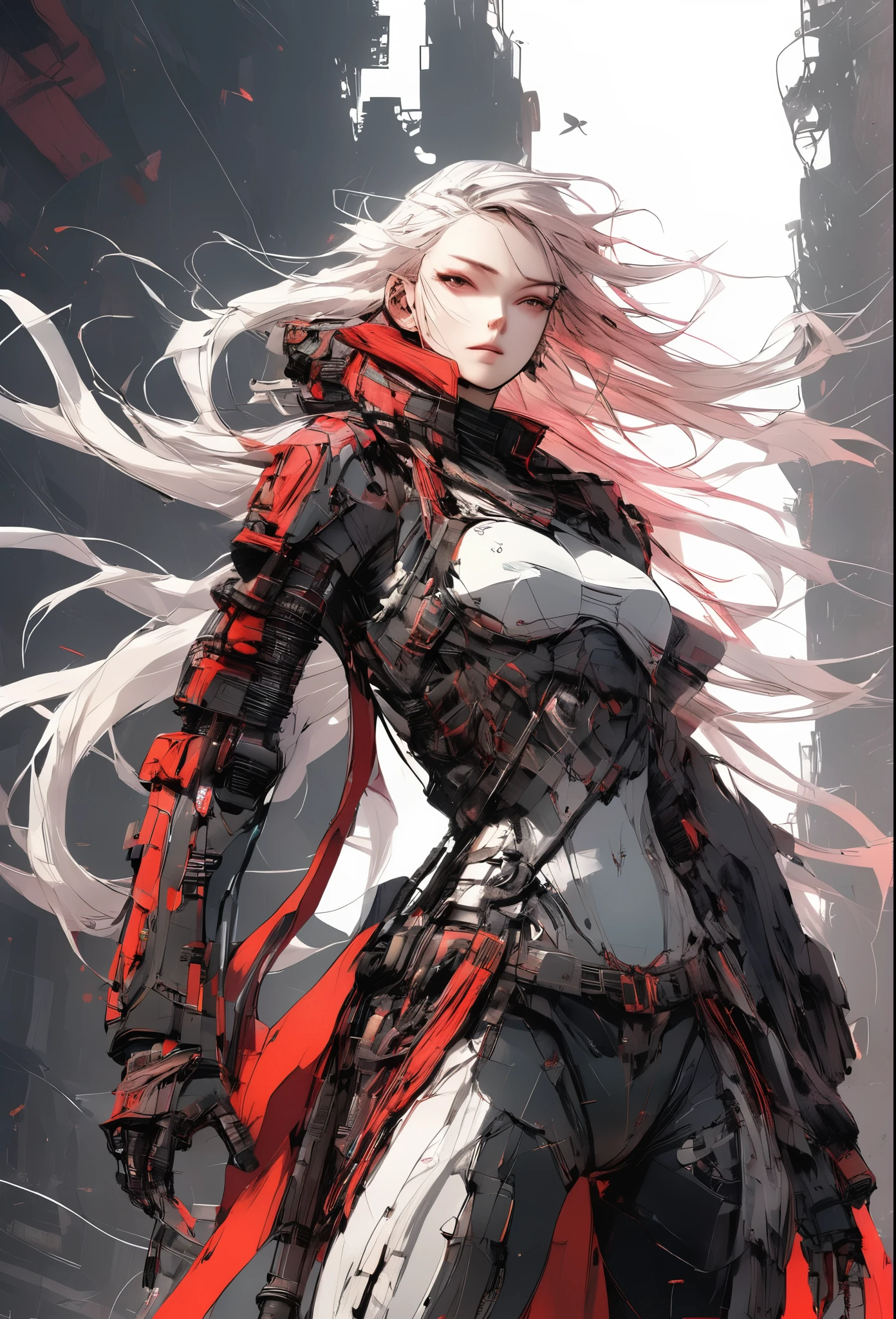 (Female Ninja Cruel Mech: 1.3, Full Body Covered Mech, Heavy AWP on Back, DSLR, Light Tracing, 3D, Concept Art, Action Painting, Film Lighting, Chiaroscuro) :(1.3). Highlighting the curve of the chest, the long white ponytail hair looks graceful and attractive. Masterpiece-like 8K resolution, (Murderous Death and Fear): 0.5, long red scarf fluttering in the wind, war-torn city as a backdrop.