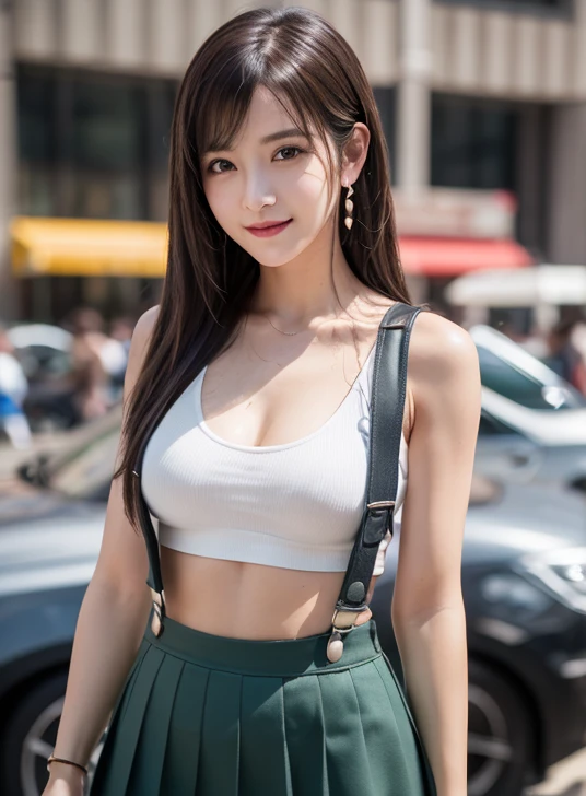 ((highest quality)), ((masterpiece)), ((Perfect Face))、(Detailed bike)、Realistic photos with every detail、((Woman straddling a bicycle))、Slender body、short hair、From the side、Cute face、Realistic Skin、Realistic Face、(Pleated skirt)、Blur the background, tiara, jewelry, sailor senshi uniform, green sailor collar, choker, elbow gloves, white gloves, pink bow, brooch,
