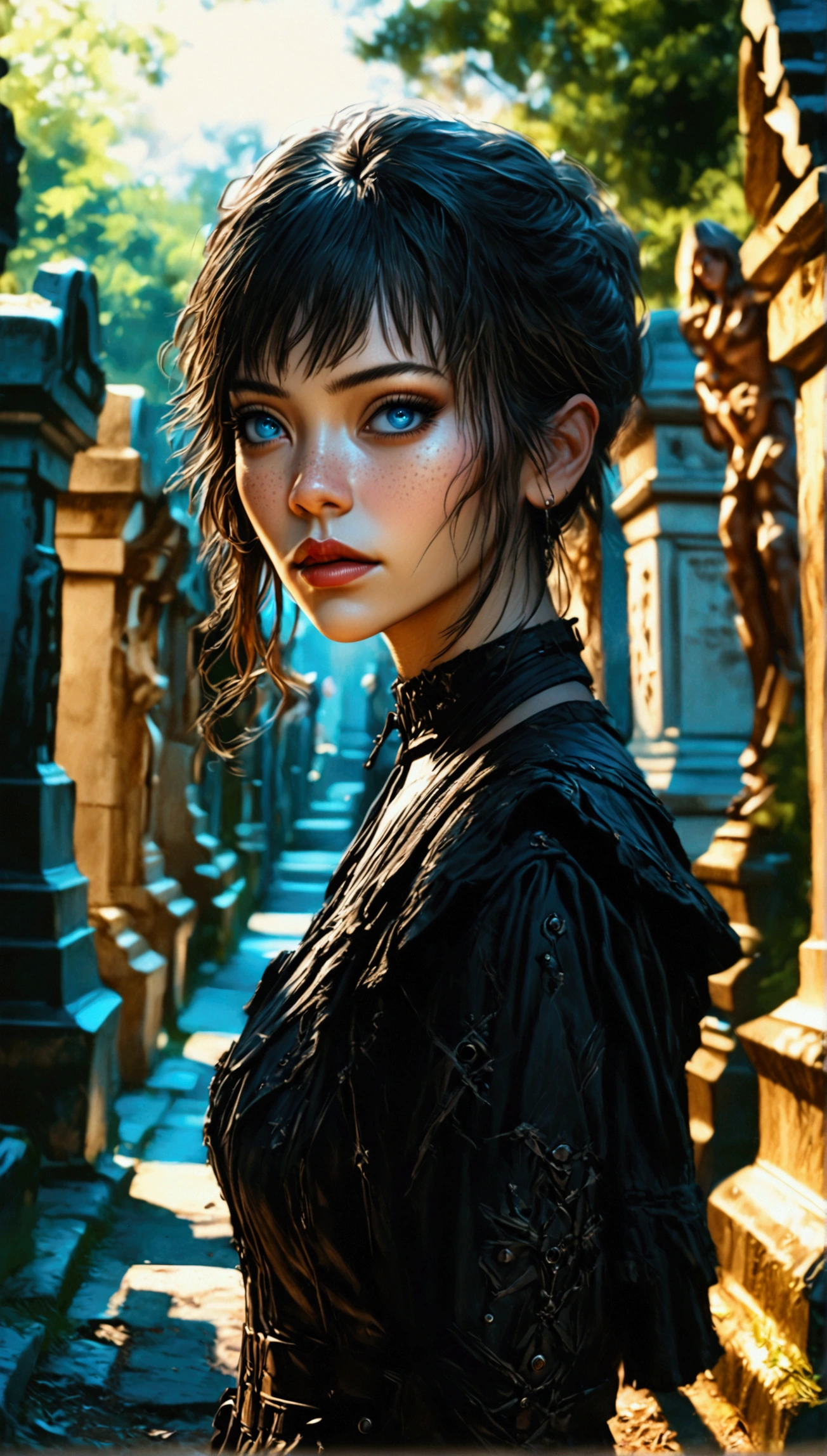 arafed woman with freckles and blue eyes standing in a  cemetery, cinematic realistic portrait, 8k portrait render, realistic face moody lighting,  art ultrarealistic 8k, hyper-realistic gothic-style, soft portrait shot 8 k, 8 k realistic digital art, punk style, hyperrealistic, realistic digital art 4k, realistic digital art 4 k