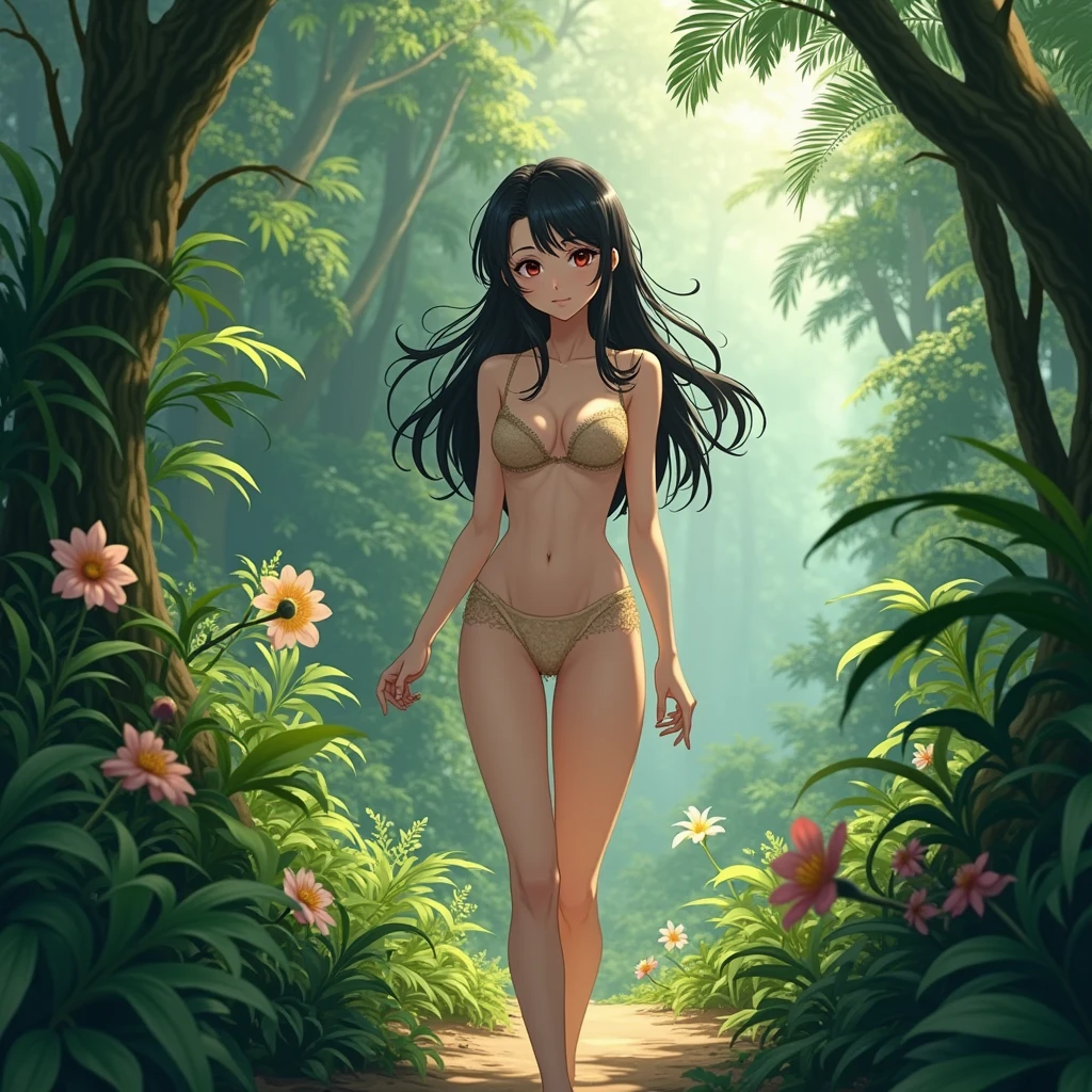 full body, a girl, , face staring into the viewers, long black hair, beautiful eyes, beautiful face, smiling, wearing a bikini, standing in the middle of the forest, vibrant colors, soft lighting, warm light, vibrant and lively atmosphere, peaceful ambiance, surrounded by a variety of colorful flowers, gentle breeze, captivating and enchanting scenery.