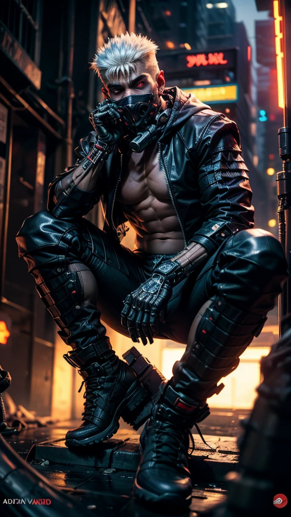 "dark theme :: closeup face focus, ultra realistic futuristic cyberpunk muscular male white hair sitting :: cyberpunk face (cyber eyes) :: cool cybernetic punk jacket red neon eyes :: shirtless:: mechanical intricate mask :: natural lighting :: bokeh :: 8k :: best quality :: masterpiece :: futuristic cityscape background" bulge, shirtless 