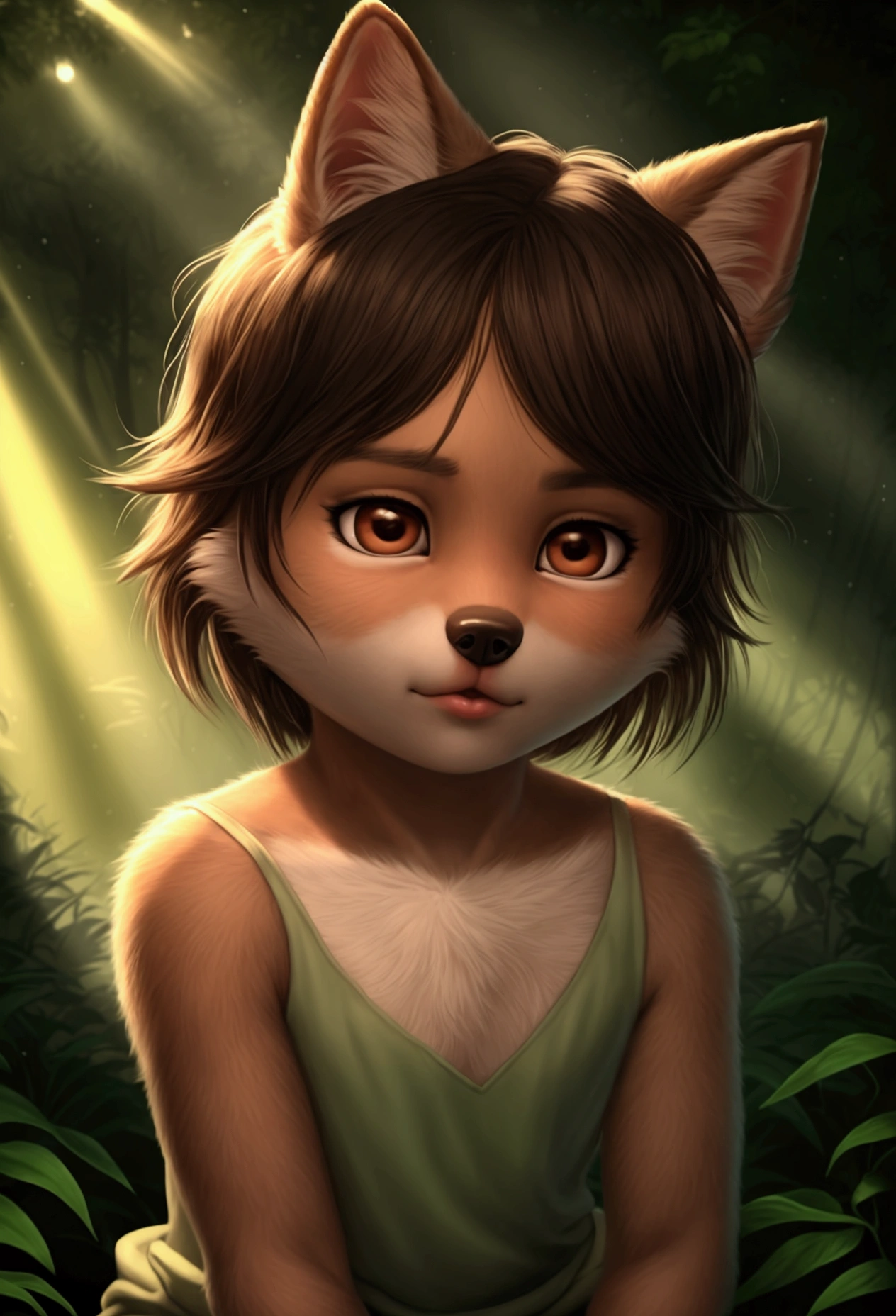 ****ung wolf boy in the forest, little clothing, detailed facial features, detailed eyes, detailed lips, beautiful detailed face, cute expression, mischievous, animal ears, fluffy fur, detailed fur texture, natural lighting, lush forest, overgrown foliage, sunbeams, warm tones, cinematic lighting, dramatic shadows, hyper realistic, 8k, high quality, masterpiece