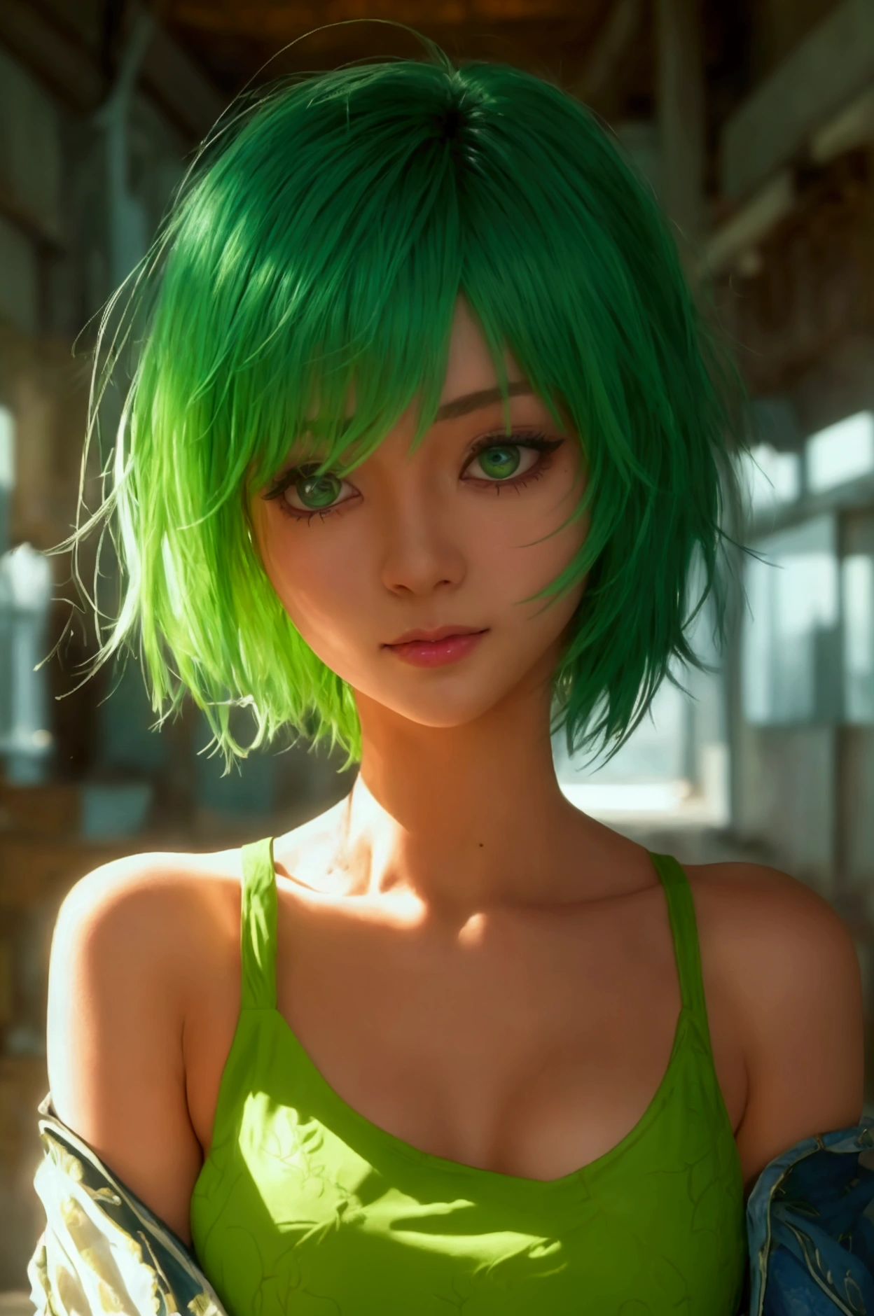 (cowboy shot), nsfw,  (masterpiece), (best quality:1.0), (ultra highres:1.0), detailed eyes, BREAK , MissMartianYJ, green skin, short hair, 1girl, sweet_lolita, BREAK, (street, indoors,  gorgeous view)