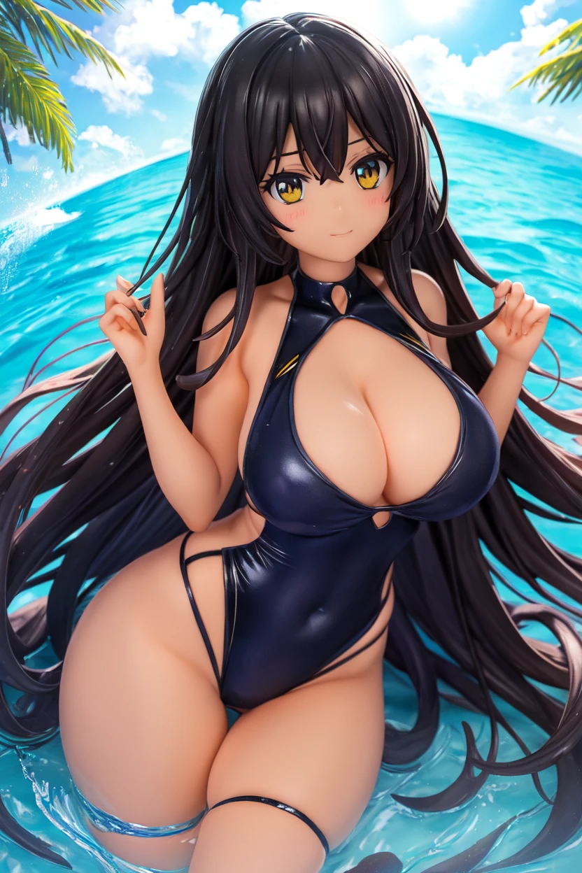 ((Black hair))), long hair, (((navy eyes))),(((forehead))) sexy, large breasts, beautiful body, masterpiece, smile, (((venus_bikini))),sexy lingerie, hotel swimming pool,busty, buxom, curvy, voluptuous,Sexual Intercourse,((((cum in pussy)))),(breast milk)