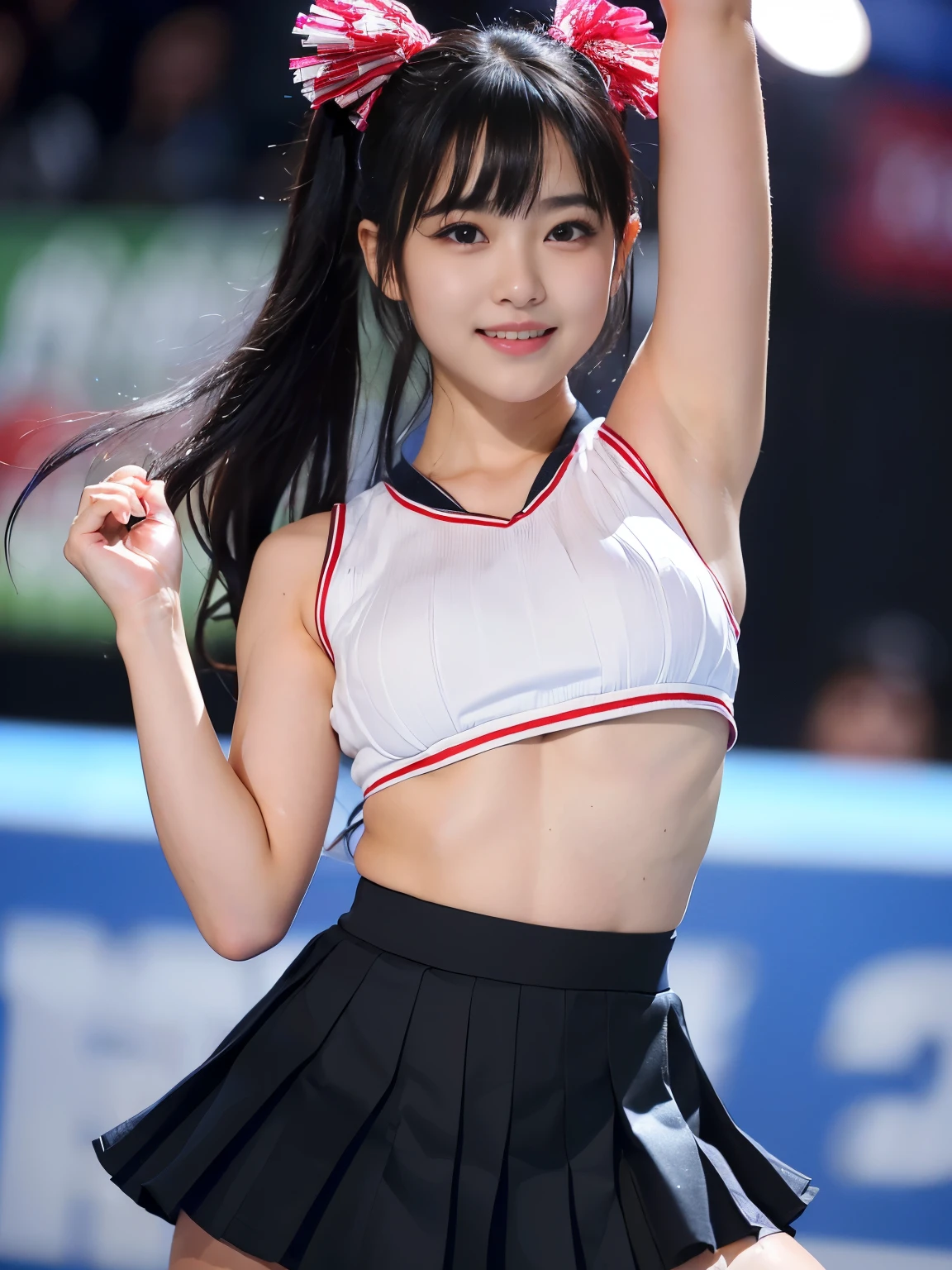 ((from below:1.4)),((cheerleader:1.4)),((Cheerleader)),Back view、look back、Low - Angle、((The skirt flips up in the wind:1.6)),((Cheerleader)),(huge breasts:1.5),((unusually short skirt:1.8)),((under breast:1.8)),((sweat:1.3)),((Underwear is visible:1.5))((unusually short clothing:1.8)),,8K、Detailed Description、Very high definition、Realistic、reality的、Real、live-action、reality、High resolution、Nogizaka46、japanese idol,beautiful girl、21 years old、smile、Dark brown eyes、sunny、blue sky、Are standing、Backwards、turn around、smile,closed mouth,full body,Very black hair、Shortcuts、pretty girl、Beauty、Glowing Skin、Glowing Skin、Shiny Hair、Very white skin、Heavy makeup、Large Breasts、Slit eyes、Big Eyes、Dark brown eyes、Double eyelids、Don&#39;t show your teeth、Wet Skin、