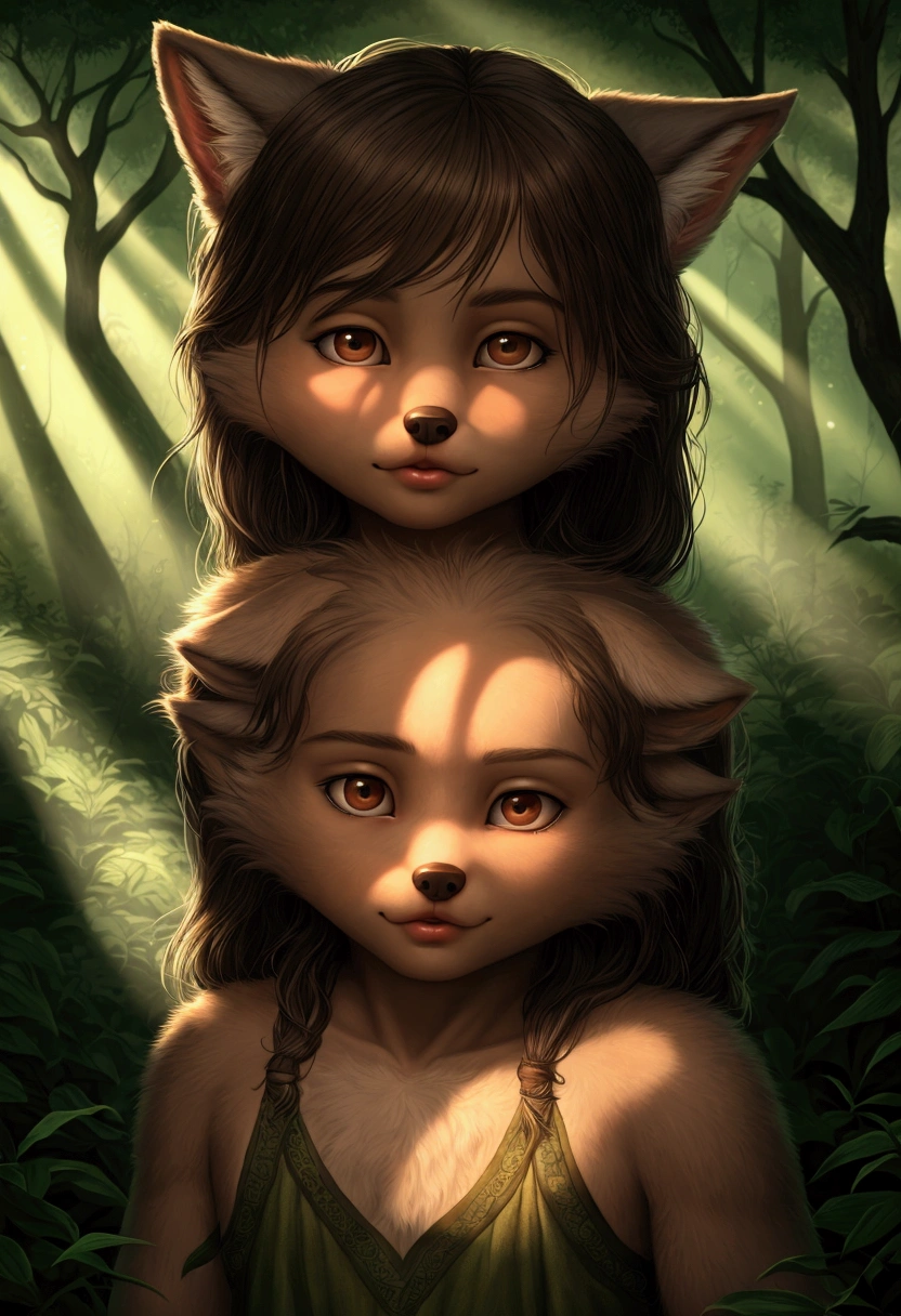 ****ung wolf boy in the forest, little clothing, detailed facial features, detailed eyes, detailed lips, beautiful detailed face, cute expression, mischievous, animal ears, fluffy fur, detailed fur texture, natural lighting, lush forest, overgrown foliage, sunbeams, warm tones, cinematic lighting, dramatic shadows, hyper realistic, 8k, high quality, masterpiece