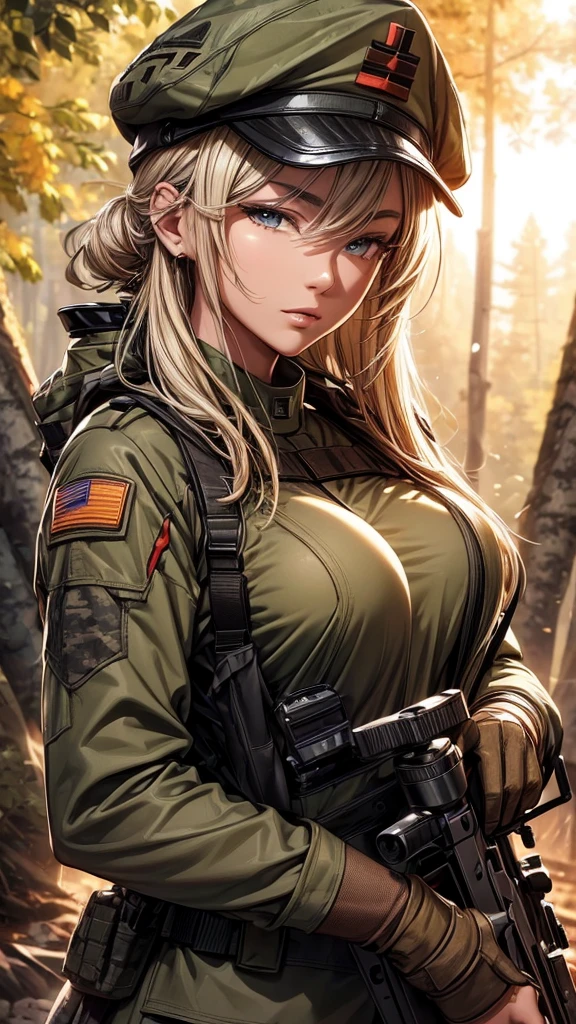 masterpiece, best quality, mgssniperwolf, blue eyes, hair over one eye, green jacket, cleavage, belt, green pants, fingerless gloves, upper body, snow, boreal forest, one knee, blank expression 