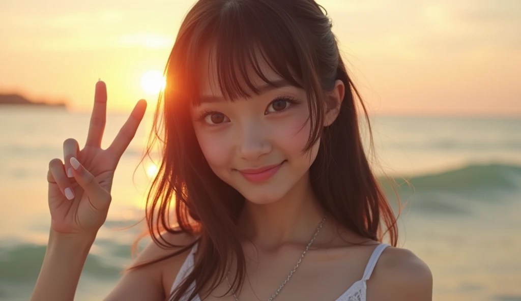 Beach, sunset, Soft lighting, Close-up portrait photo of a cute idol in a swimsuit, Playful pose, smile, Vibrant colors, Realistic, Attention to detail