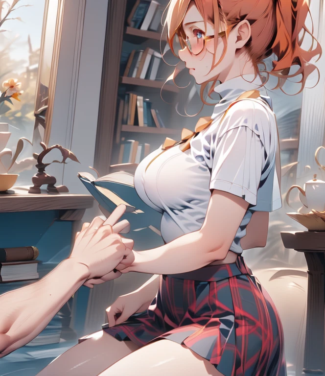 cgi, 3d, realistic, photorealistic, masterpiece,solo, adult, (20yo) 1girl, sfw, young, cute, (nerdy),librarian,profile, from side ,bookcase, library,indoors BREAK
curly hair, brown hair, medium hair, (((orange hair))),  ((ginger)),(freckels), bangs big glasses, black glasses,picking books, book in hand, blue eyes, ((povbreastgrab, pov hands)), breast grab,(closed mouth),(((((embarrased, blushing))))) BREAK
medium breasts ,white turtleneck sweater, ((povbreastgrab, pov hands, breast grab)), midriff BREAK
red plaid skirt,  ((povbreastgrab, pov hands, breast grab))
 