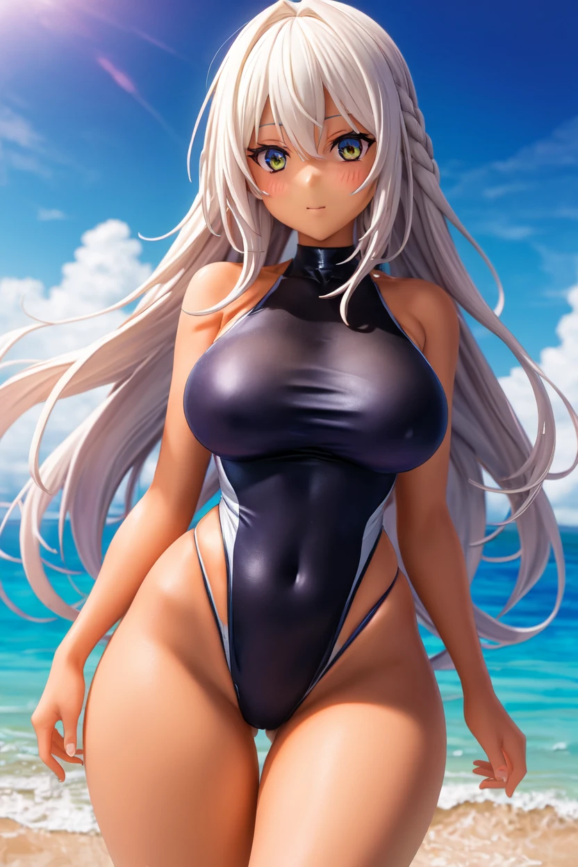 (masterpiece, highres, best quality, ultra detailed, detailed background, cinematic lighting:1.2), (beautiful detailed face, detailled eyes), pool, sunset, 1girl, long hair, white hair, straight hair, bangs, swept bangs, medium breasts, perky breasts, toned, red eyes, casual one-piece swimsuit, competition swimsuit, wet, wet hair, wet swimsuit, water drop, shiny skin, shiny lips, sexually suggestive, perfect body,fox ears,