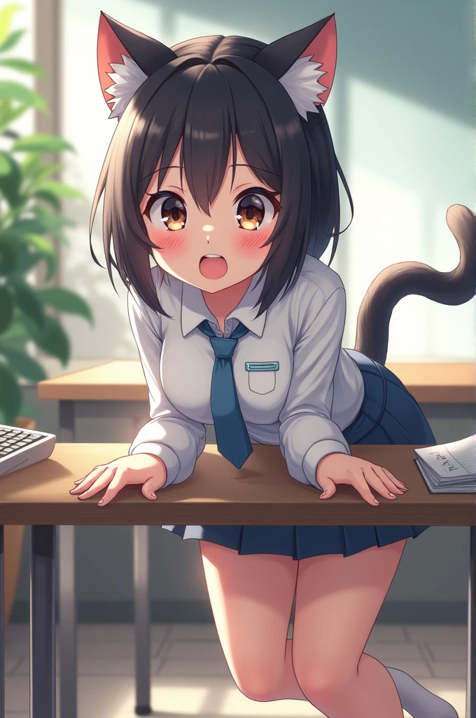 (masterpiece:1.2) , (best quality:1.2) , (ultra-detailed:1.2), 2.5D,extremely detailed,anime,girl,dark brown hair,medium hair,BREAK,blue eyes,BREAK,gmy shirt,brm,buruma,cat ear,cat tail,paw pose,smile,:d,ass focus