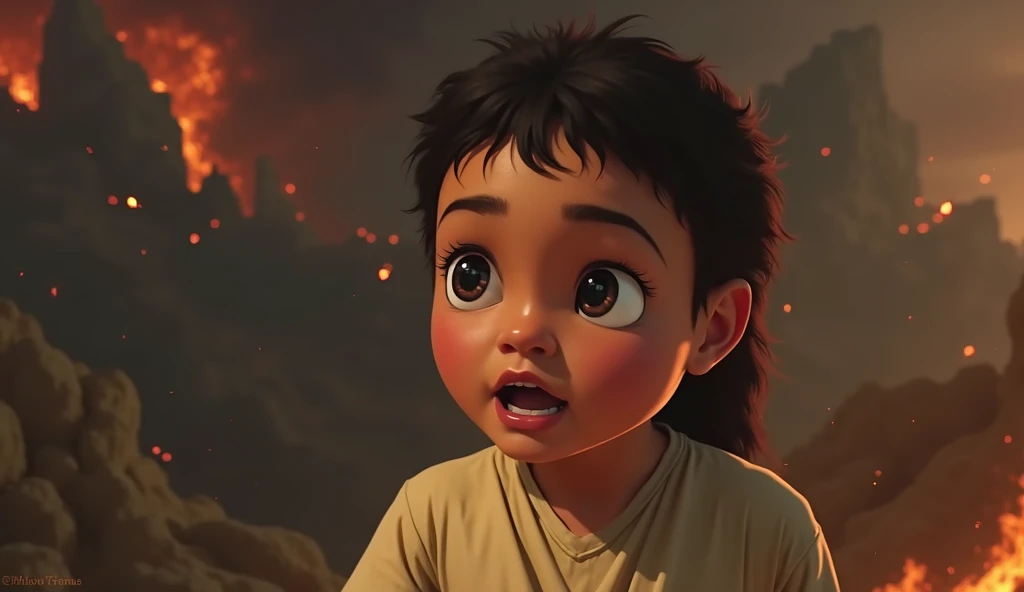 **New panel: Sky in shock** **Description:** A close-up of the sky, frozen in place, looking with huge, terrified eyes. His lips tremble, ajar, as if he couldn't process what he's seeing. His face is illuminated by the glow of the fire, highlighting the pale color of his skin that contrasts with the dark background of an almost nocturnal sky. The little pink flower in her hair seems to fade in the intense light. Behind her, the burning house is barely visible, out of focus, symbolizing that at this moment, her entire world is reduced to the horror that her eyes reflect. The wind blows gently, moving her short hair, but Cielo doesn't feel it; She is completely immersed in the terror of the scene in front of her.
Cielo: A 4-year-old girl with short brown hair that reaches just above her ears. She has a small pink flower in her hair. She wears a blue dress with tiny white floral dots.