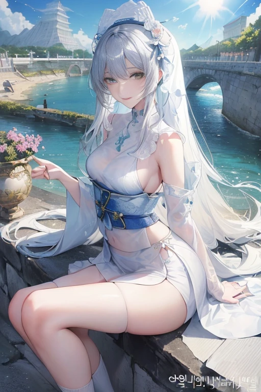 Adult girl, very long champagne-colored hair, large reflective light blue eyes, super delicate, delicate face, perfect skin, K-Style, white skate sneakers, short dress, light colors, perfect breasts, strong body, big ass, wallpaper extremely detailed 8k CG unit wall}, expansive landscape photography, (a low view focusing on the character and setting), (wide open field view), (low angle shot), (high light: 1.2) , (low light: 1.5), (warm light source: 1.6), complex details, (iridescent colors: 1.2), (bright lighting), (atmospheric lighting), Dreamy, magical, delicate