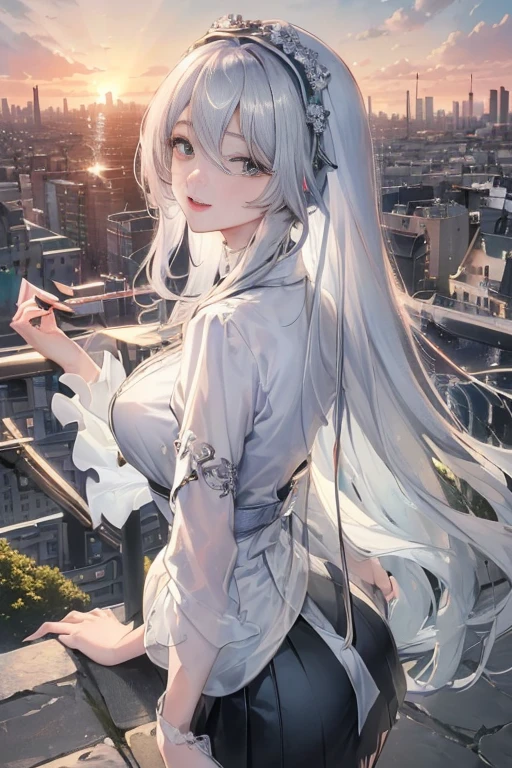 official art, masterpiece, Sharp focus beautiful gorgeous cute korean woman:1.3), (beautiful and cute korean:1.3), Korean beauty, exquisite beautiful hair、eyes and face, actual, Super detailed, beautiful girl,  Luminous white particles, (side light:1.2), sunshine, Baiyun, Detailed cloud, Slender, buttocks, smile with teeth, ((smile with eyes, open your eyes)), landscape, long, straight hair, sexy facial expression, architecture, (city View:1.7), dynamic hair, Delicate white hair, Luminous Blue Eyelue Pleated Shirt + Short white skirt), white stockings, pale skin, hair accessories, epic landscape,night，Nice butt，Beautiful buttocks，The skirt opens by itself，露出buttocks