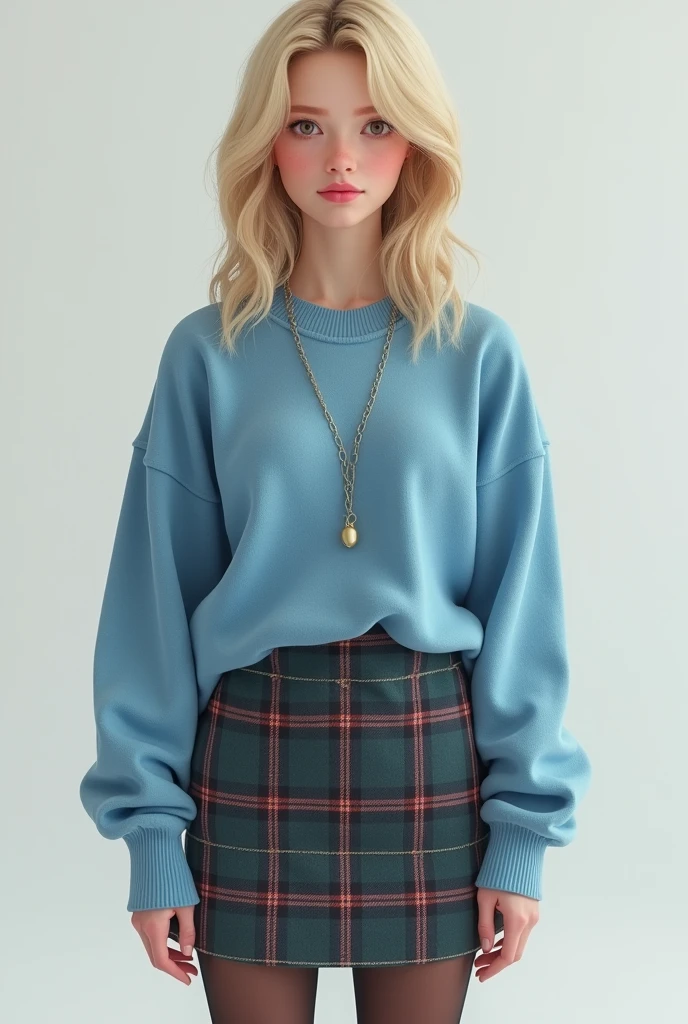 A girl, 20 years, with very long blonde hair, with two ponytails, blue eyes, round face, small nose, small mouth, thick lips, Small ears, cap, belt, big breasts, Cybernetics, glasses, White long sleeve blouse, pleated skirt, blue kilt, socks, scarce, visible breasts, Ray Tracing, Reflection light, 16k, 8k, highres, best quality, award winning, high quality, high details, super detail, textured skin, anatomically correct, accurate, masterpiece