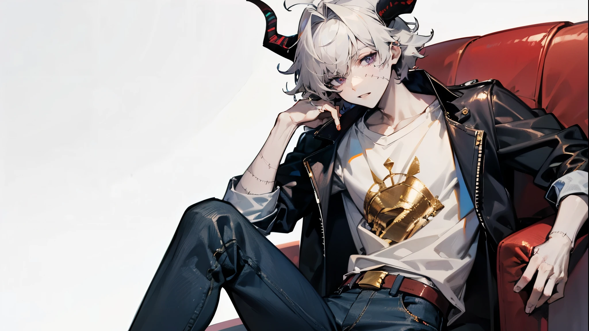 1male , Stitches On Face, Wearing a Golden Crown, Stitches Across Skin, Pale Grey Skin, Horns,, White Messy Hair , Purple Eyes ,Red Leather Jacket , White T-Shirt with pale blue graphics, Calm Expression , Black Jeans ,