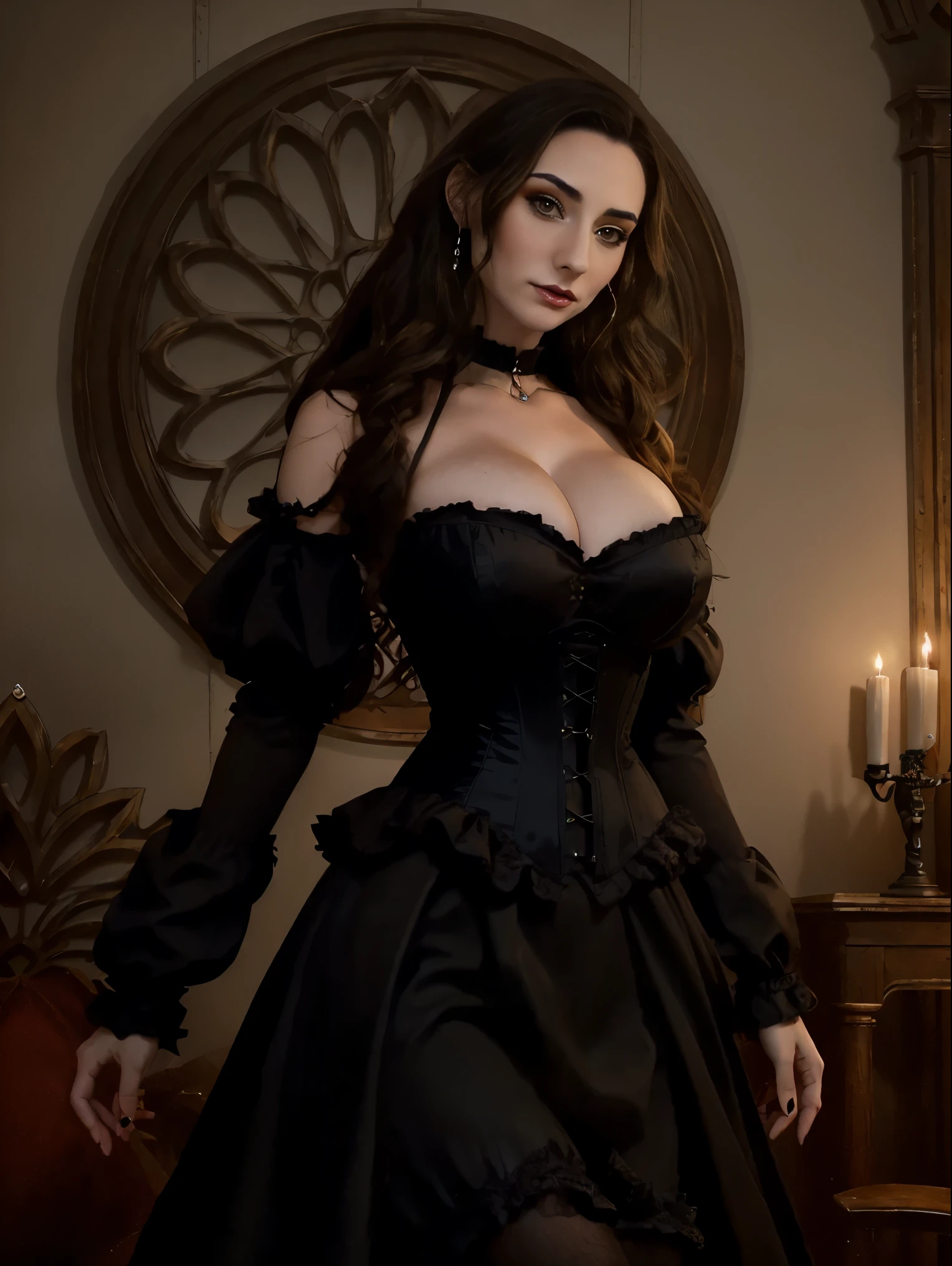 Synnove Karlsen as Clarice Orsini Middle Ages, in a black corset and dress, sexy image