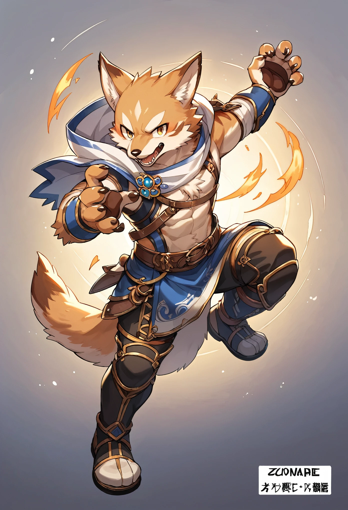 rating_safe, score_9, score_8_up, score_7_up, score_6_up, score_5_up, score_4_up, source_furry, highres, e621, cover page, social game, unit illustration, fighting pose, fantasy, 1boy, solo, furry, kemono, detailed body fur, full body,